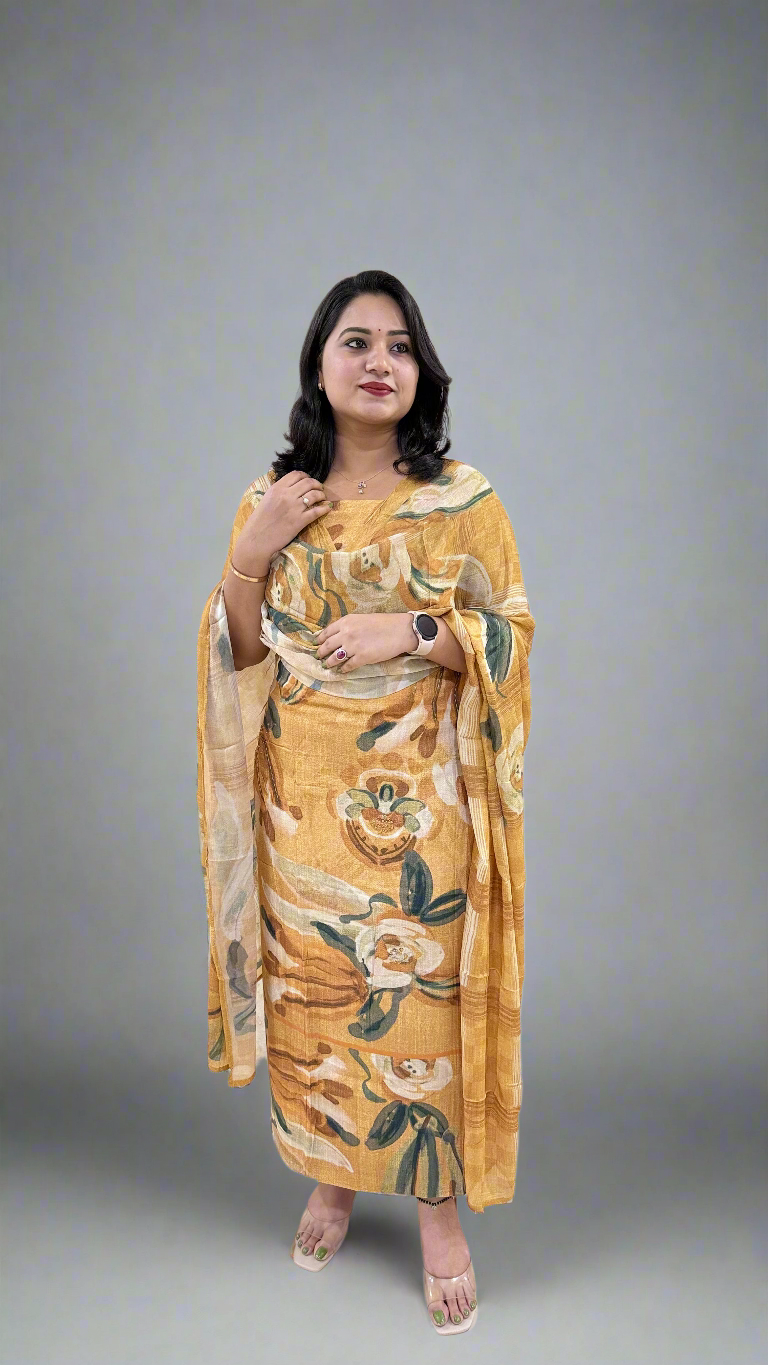 Staple Twill Digital Print Suit Set with Hand Work and Ramie Chinon Dupatta for Women