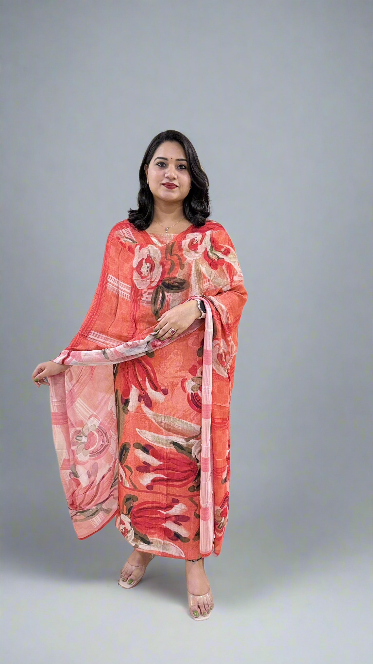 Staple Twill Digital Print Suit Set with Hand Work and Ramie Chinon Dupatta for Women