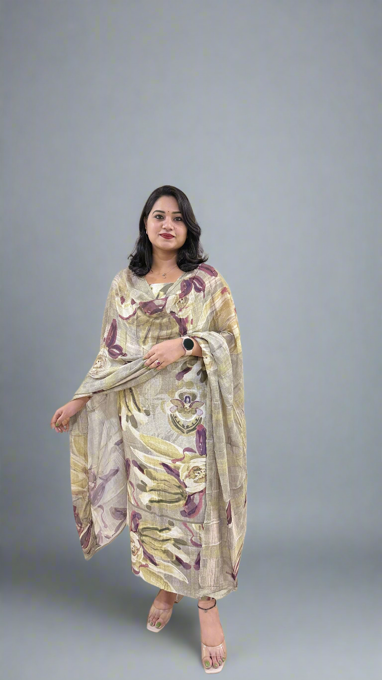 Staple Twill Digital Print Suit Set with Hand Work and Ramie Chinon Dupatta for Women