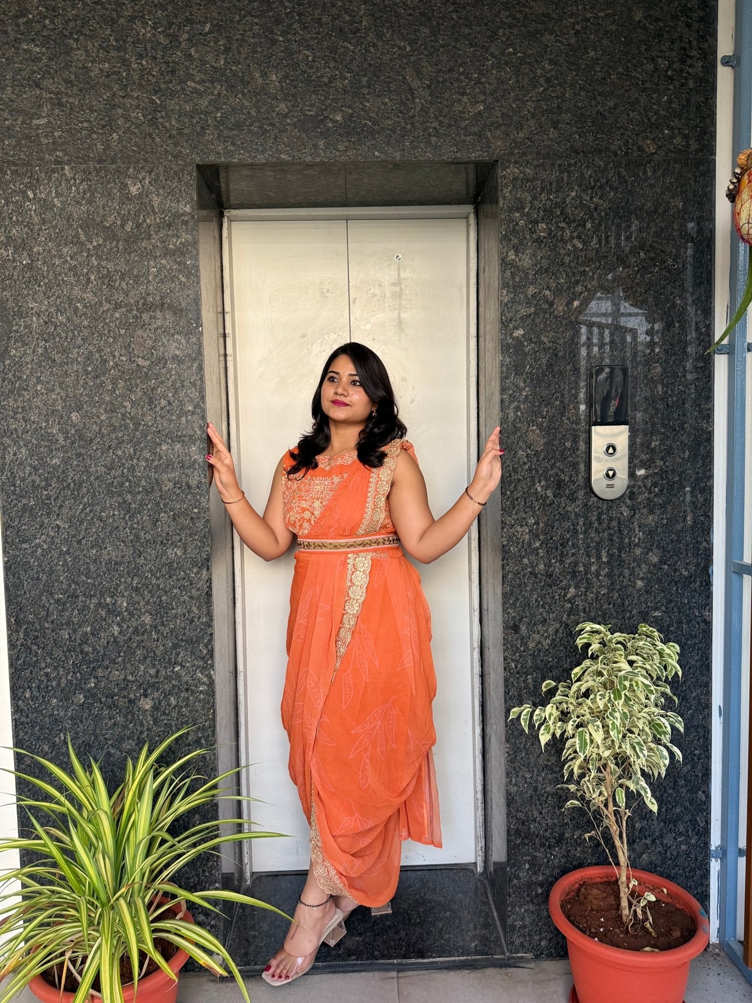 Faux Georgette Dhoti Drape One-Piece Dress with Zari, Kundan, and 