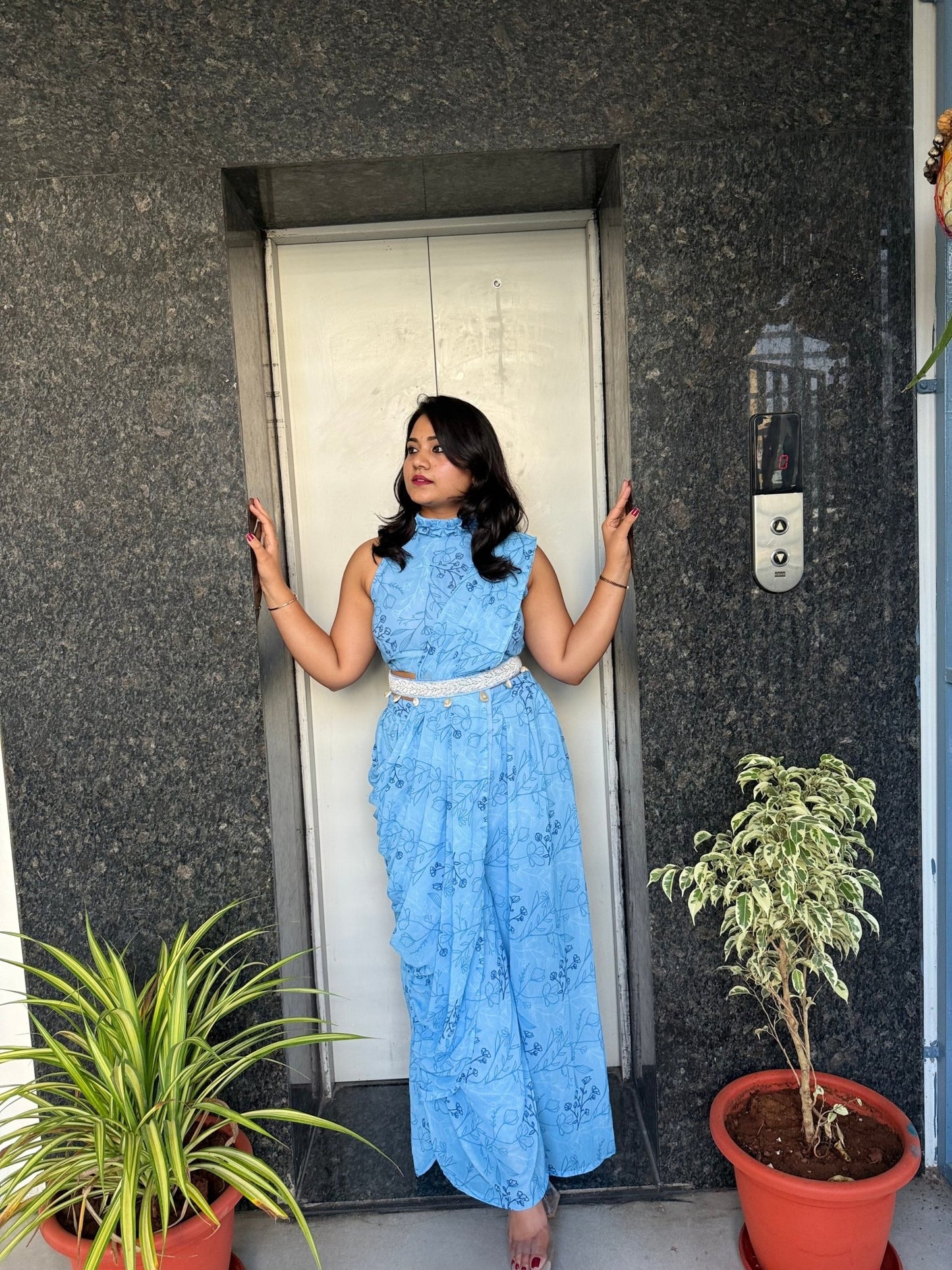 Mani's Fashions – Floral Palazzo Drape Saree - Mani's Fashions