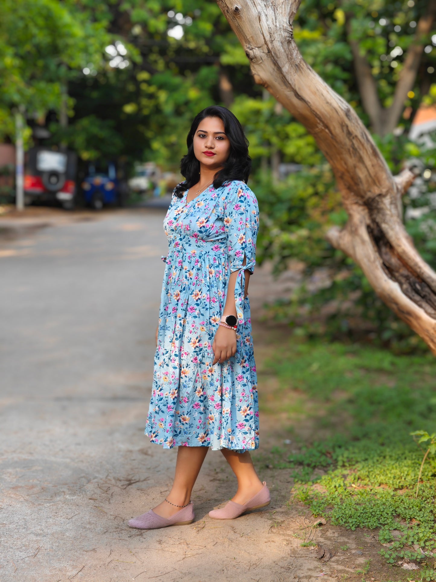 Blue Crepe Digital Floral Print Flared Western Dress for Women – Midi Dress, Sizes M, L, 2XL