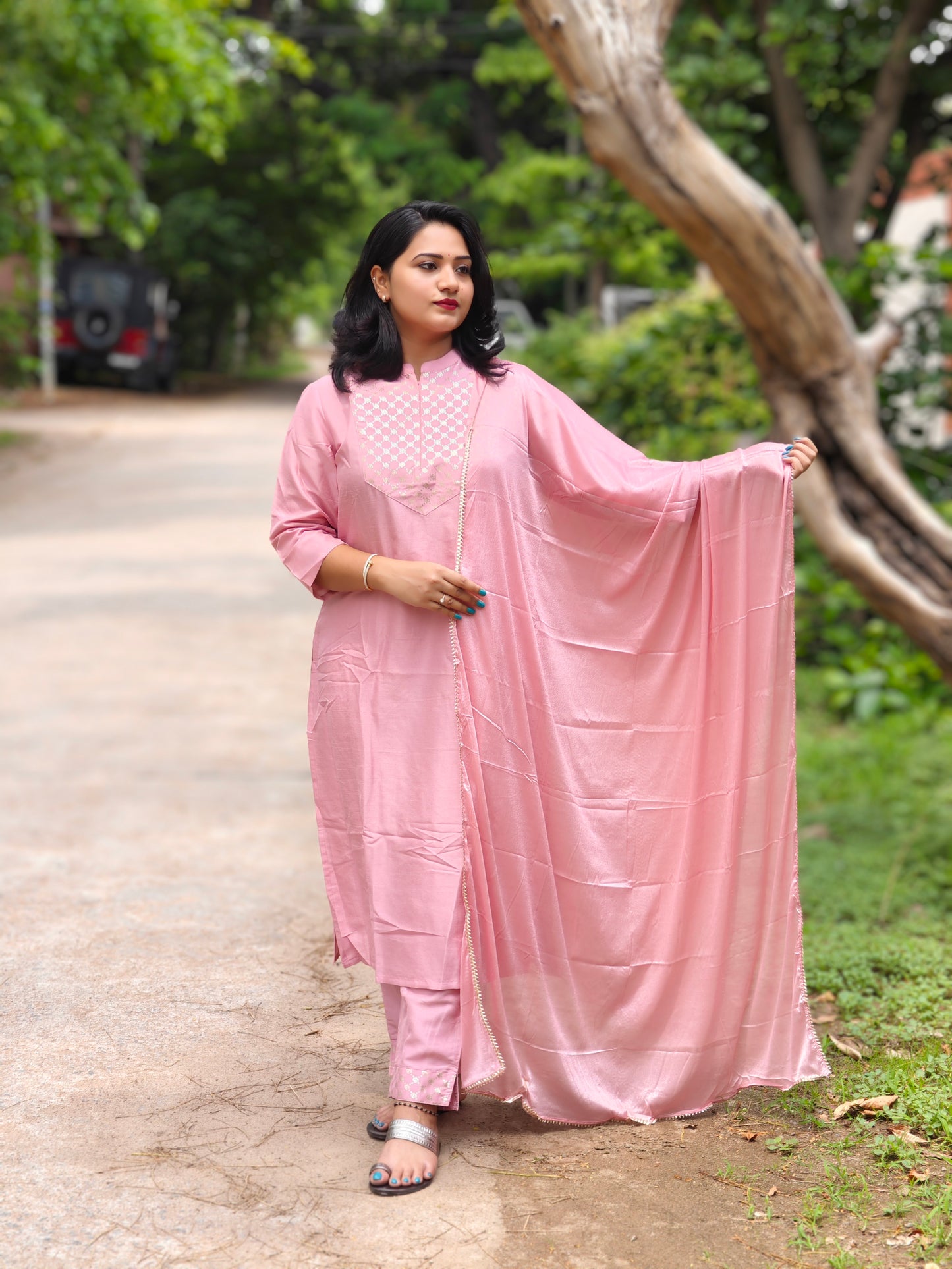 Pink Poly Silk Straight Kurta Pant Dupatta Set with Chiffon Dupatta for Women