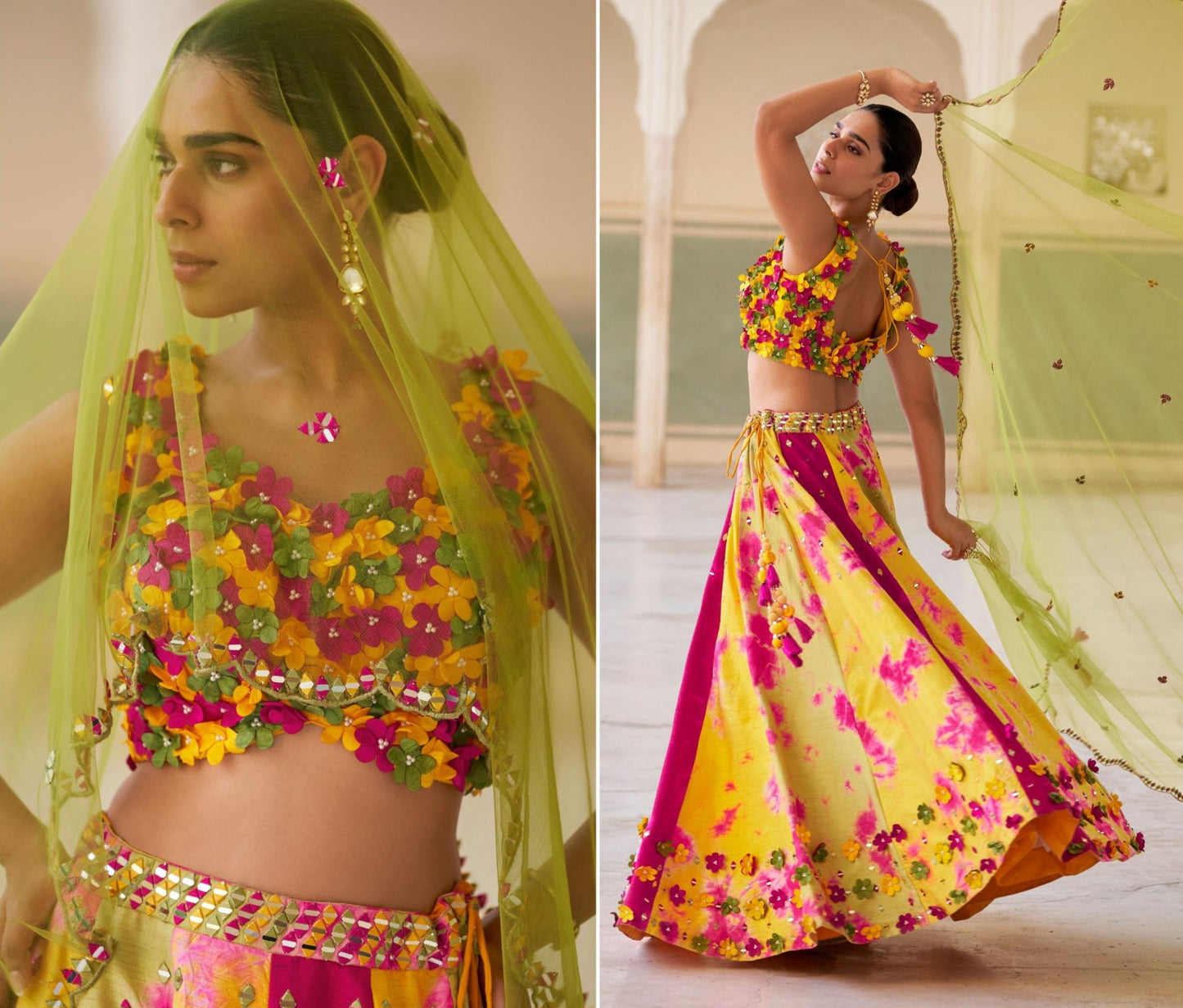 Chinon printed and embroidered bridal lehenga set in yellow multicolour with cancan