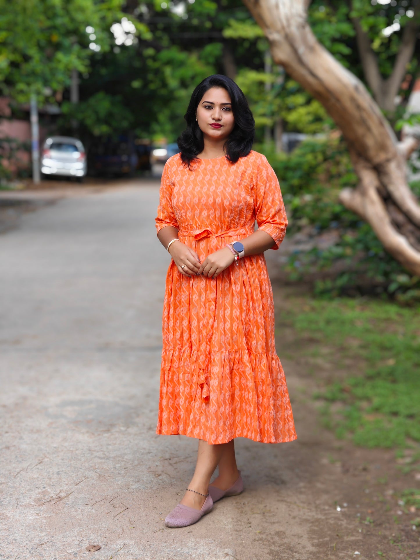 Orange Cotton Woven Design Tiered Western Dress for Women – Sizes S to 3XL