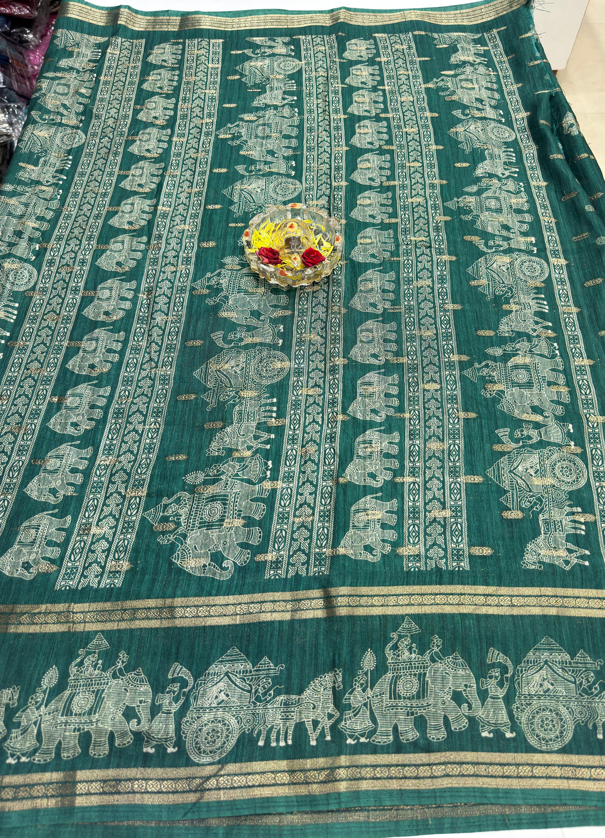 Silk Blend Saree for Women with Elephant Motifs and Traditional Woven Border