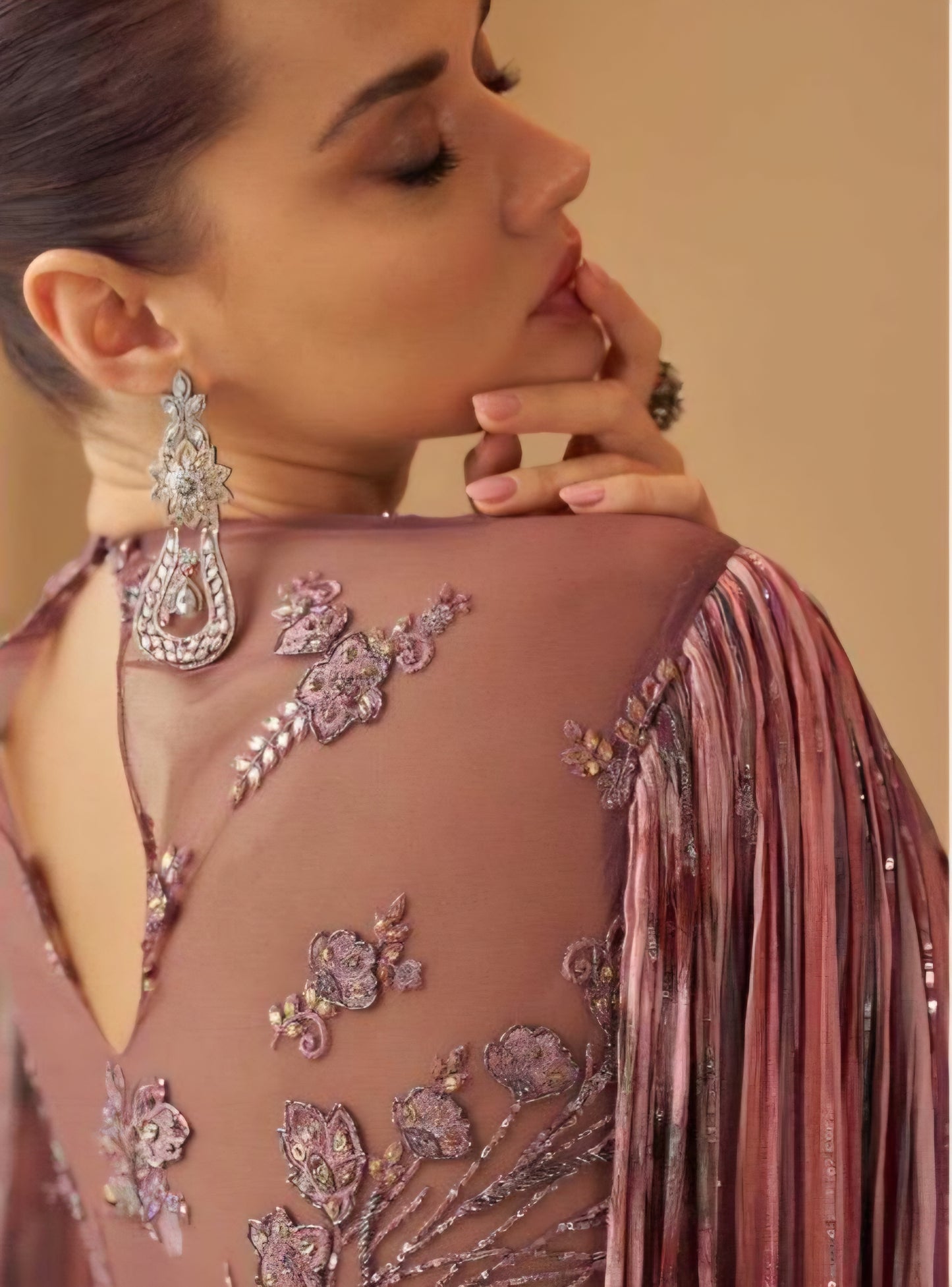 Pink real chinon hand-embroidered gown with cape sleeves and cancan