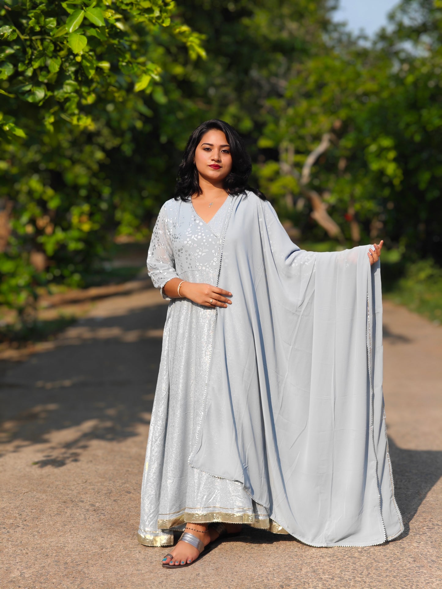 Grey Georgette Foil Print Kurta with Dupatta – Women’s Festive Ethnic Wear