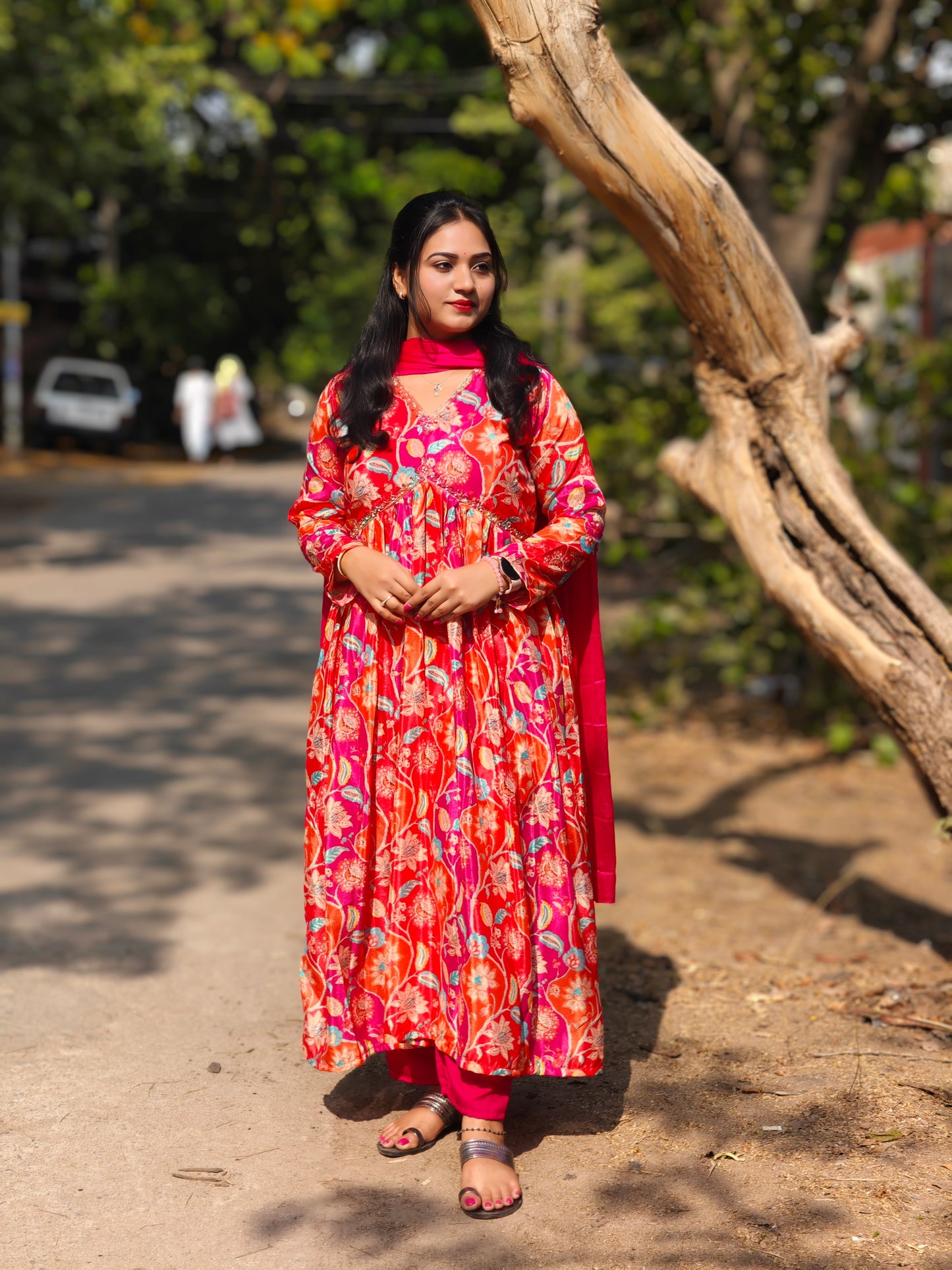 Chinnon Fabric Alia Cut Salwar Suit Set with Floral Print & Matching Dupatta – Sizes L to 2XL