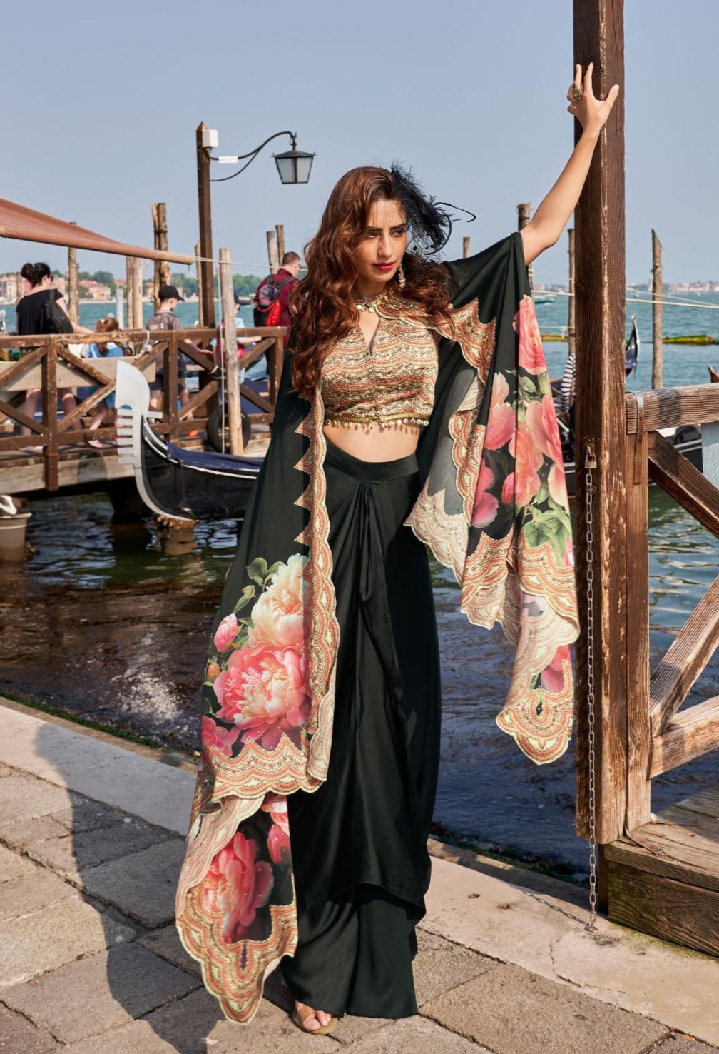 French Crepe Silk Jacket Blouse Dhoti Set with Handwork for Wedding Wear