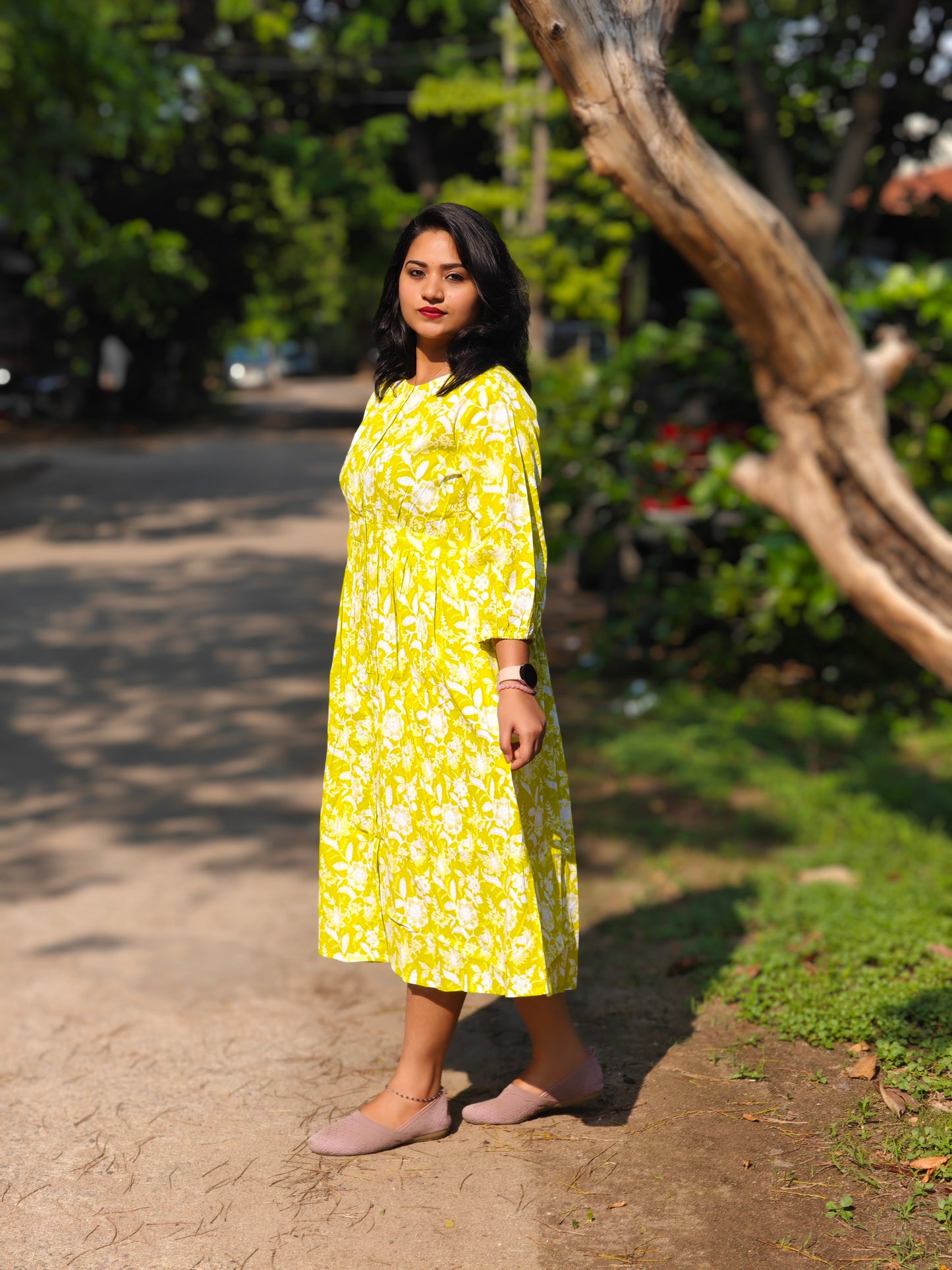 Lime Yellow Cotton Floral Gathered Midi Dress for Women – Size L