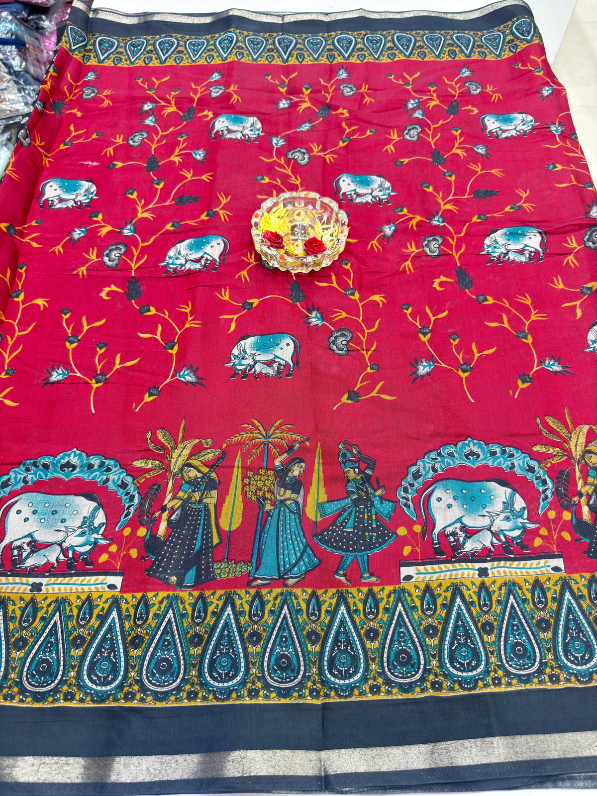 Kalamkari Printed Silk Blend Saree for Women with Artistic Border and Traditional Ethnic Design