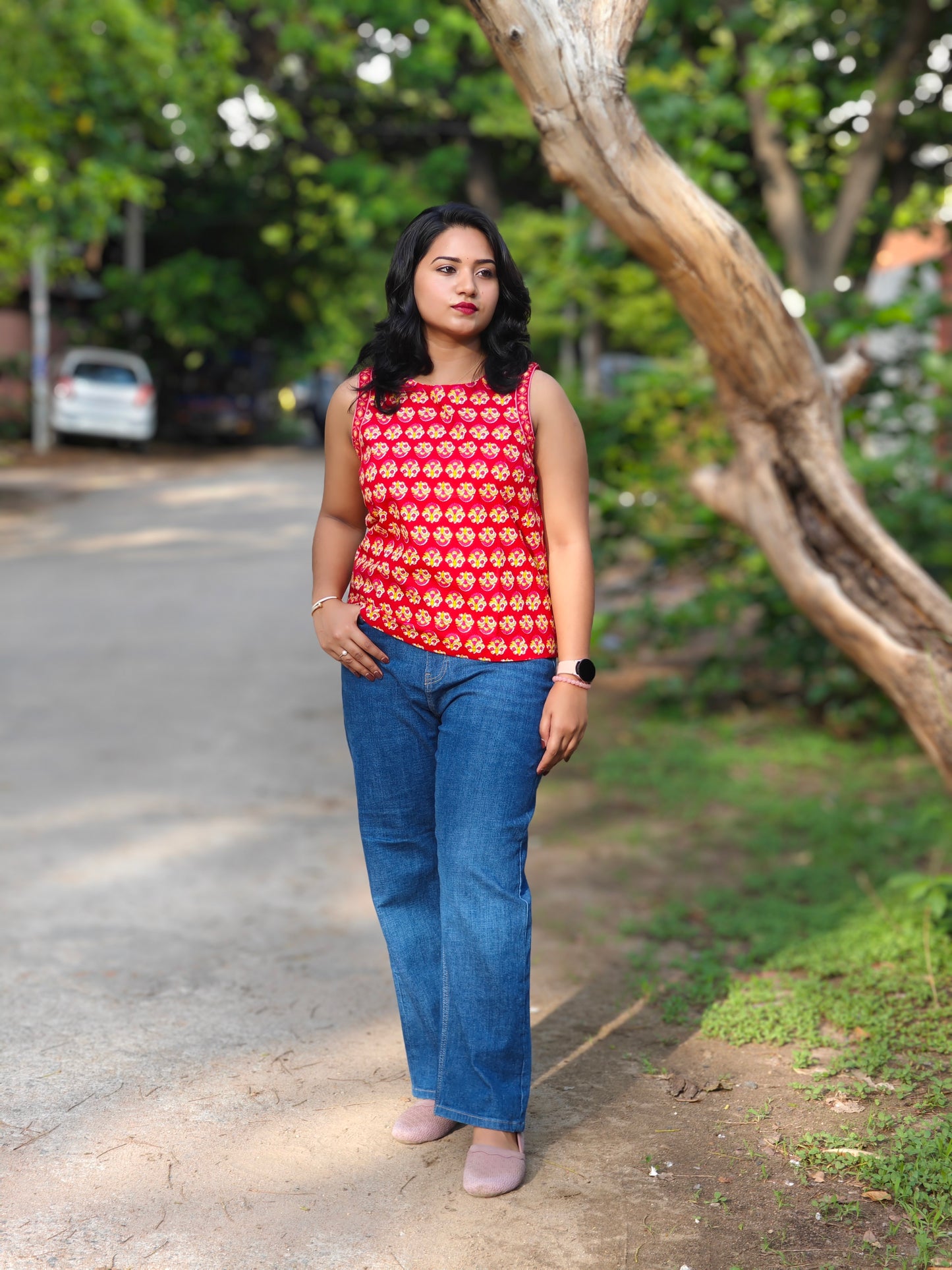 Red Cotton Floral Print Regular Top for Women – Sizes L and XL