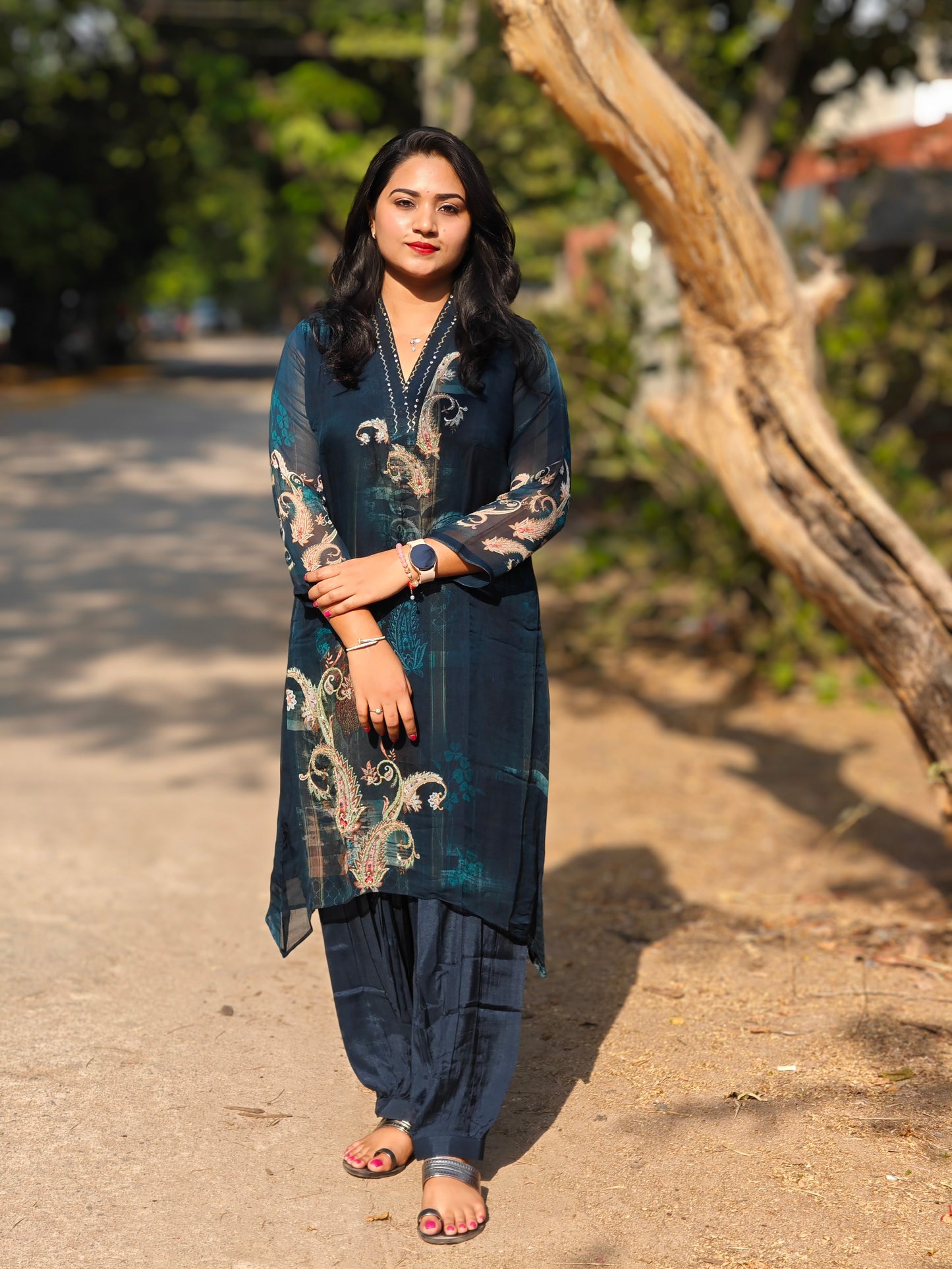Viscose co-ord set for women with floral print and embroidery – fully stitched festive ethnic outfit