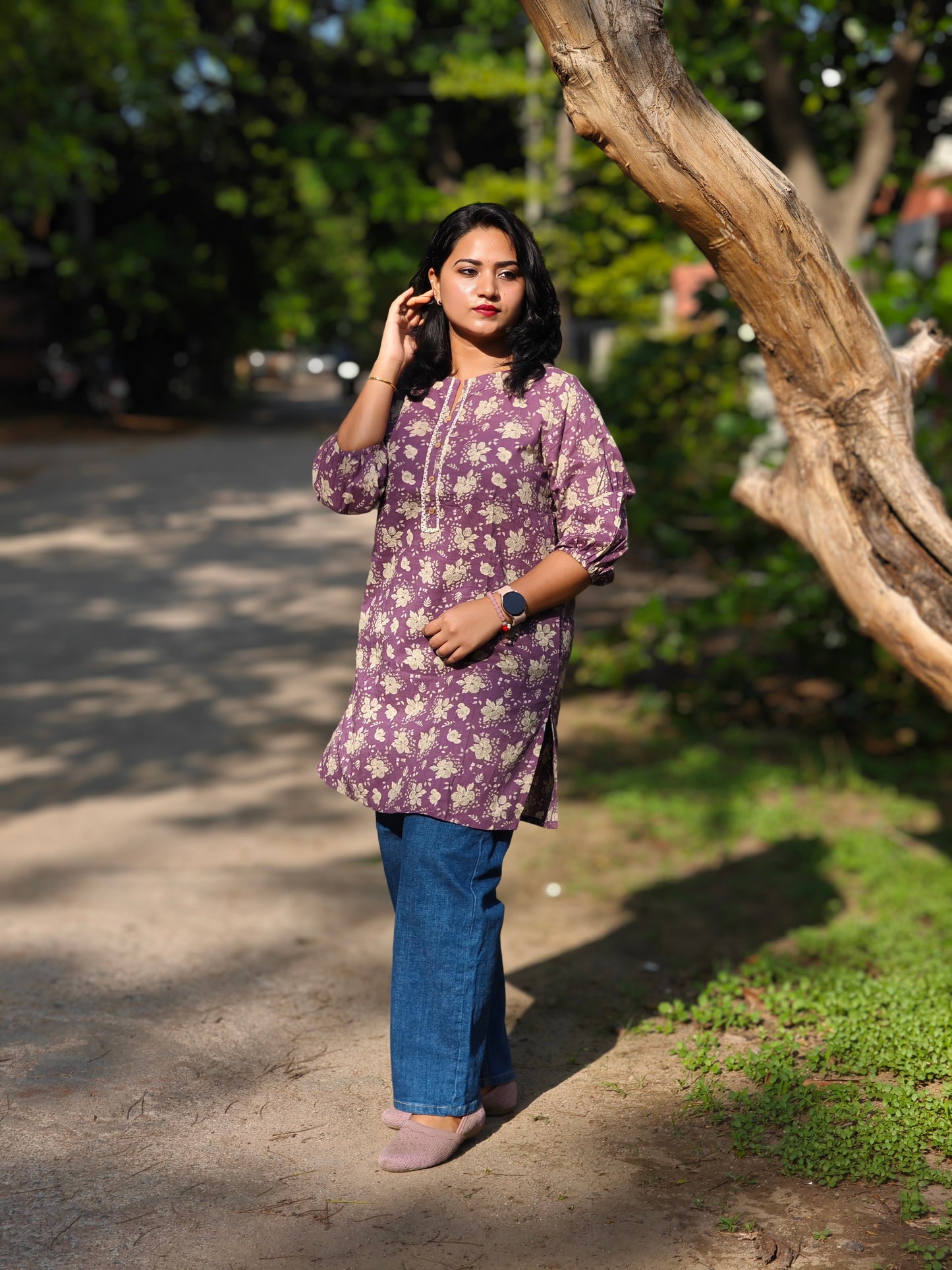 Purple Cotton Floral Printed Regular Fit Tunic for Women – Sizes S to 2XL
