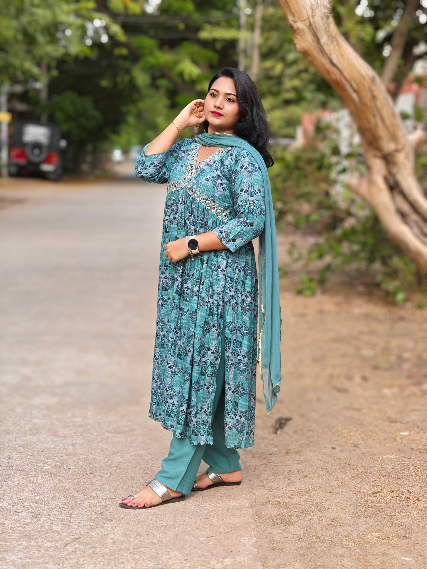 Women’s Chinnon Chiffon Printed Suit Set with Embellished Yoke & Dupatta – Sizes L & 2XL