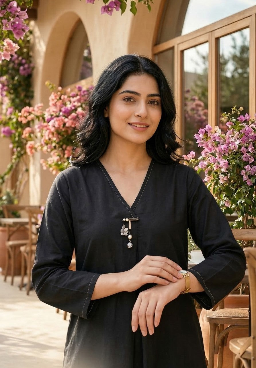 Cotton Kurta Pant Set for Women with V-Neck Long Kurta and Straight Pant Co-Ord Set