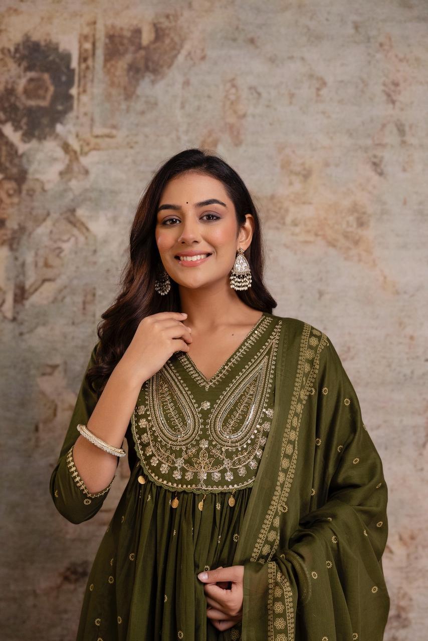 Women’s cotton 60x60 kurta pant dupatta set olive green, yoke motif print, three piece suit set, sizes M-3XL