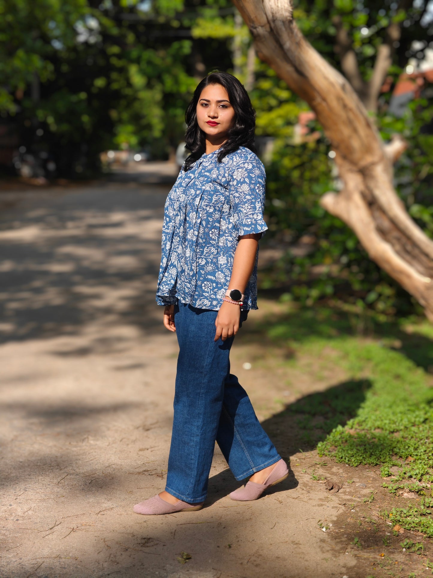 Ink Blue Cotton Floral Print Flared Top for Women – Sizes S to 3XL