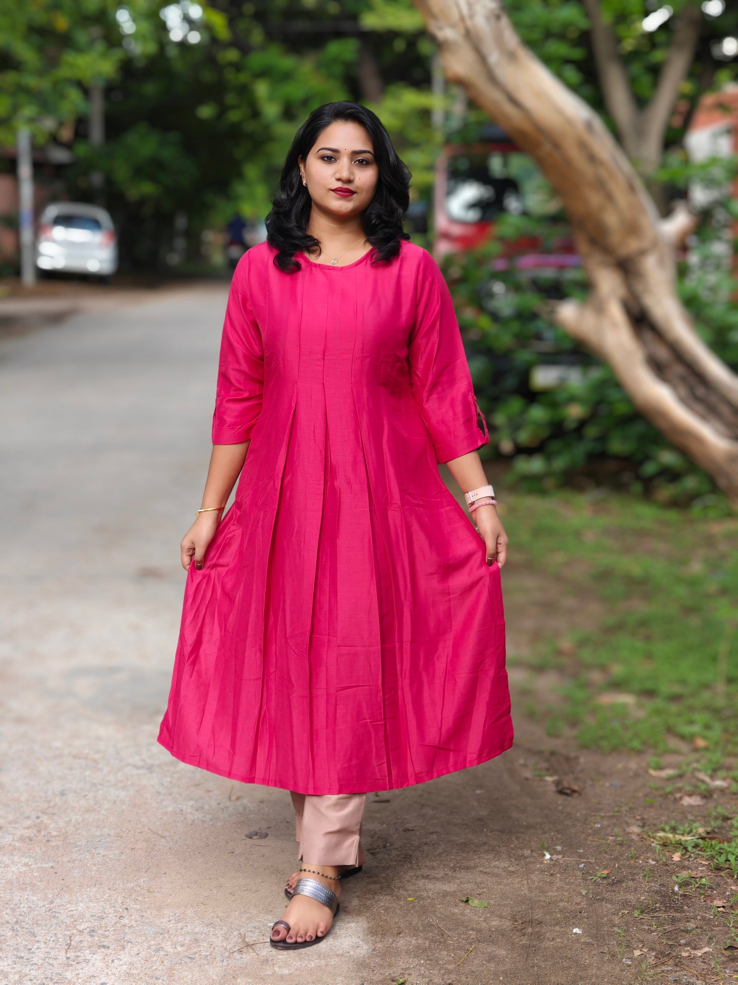 Pink Chinnon Solid Pleated Kurta with Pant Set for Women