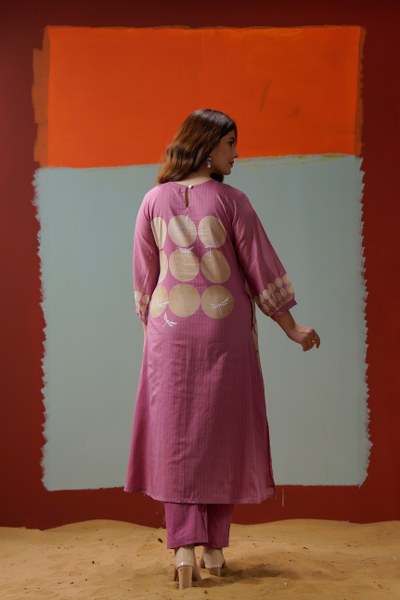 Cotton Kurti Pant Set for Women, Pink Beige Circle Print, 2 Piece Set, 3/4 Sleeves, Regular Fit