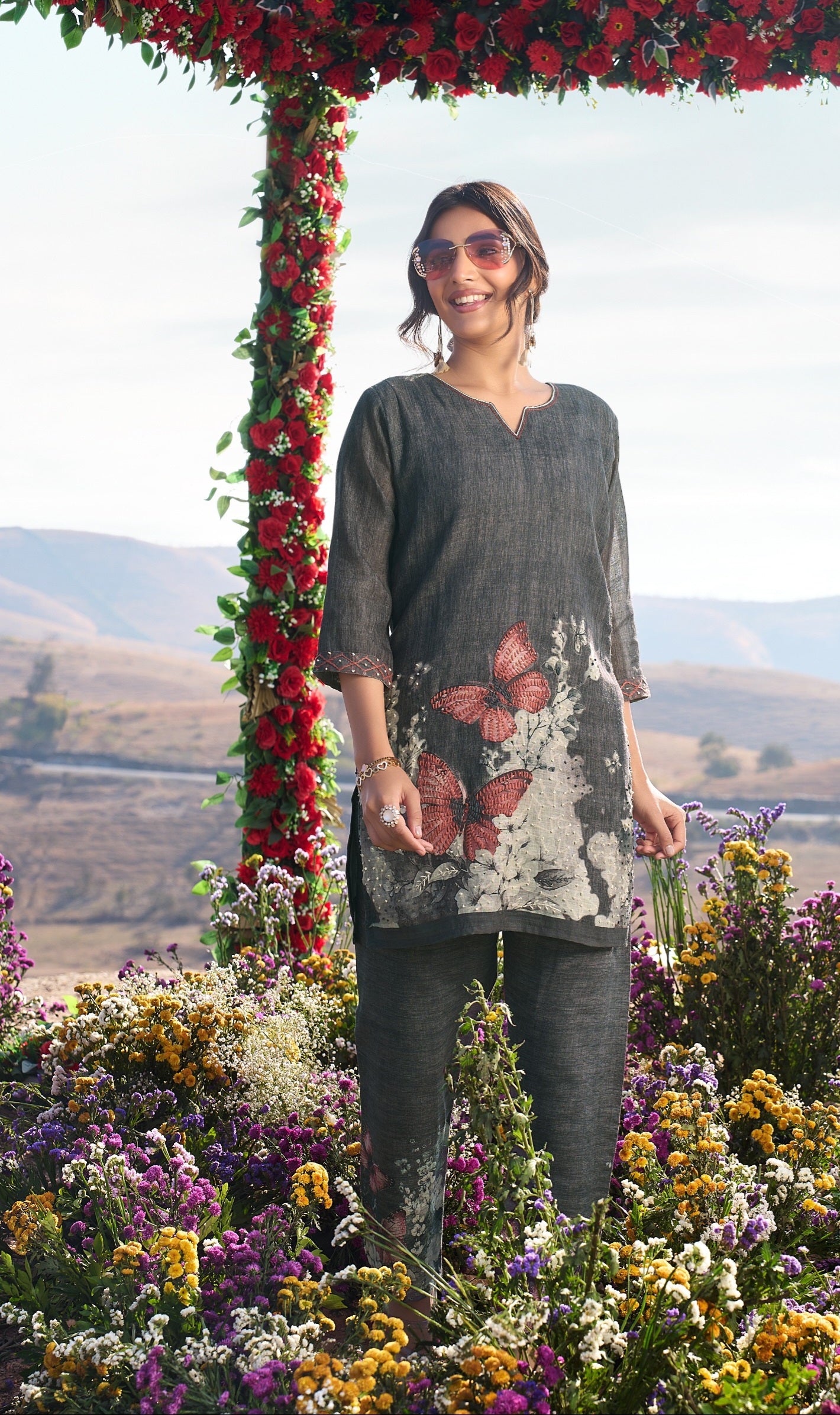 Linen Pure co ord set for women with cotton lining and knot work detailing, top and pant set L to 2XL