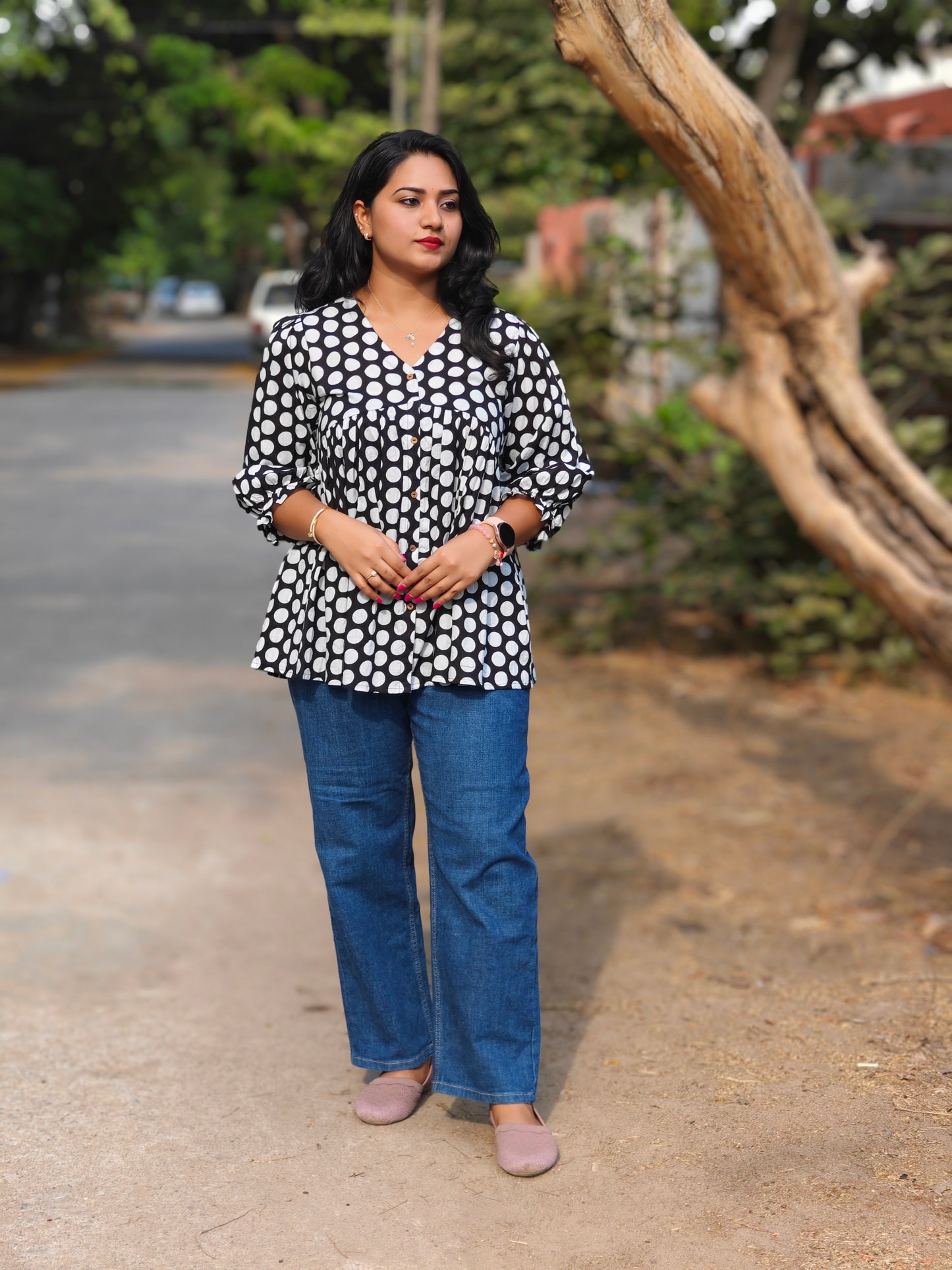 Black and White Polka Dot Flared Top for Women – Sizes L to 3XL