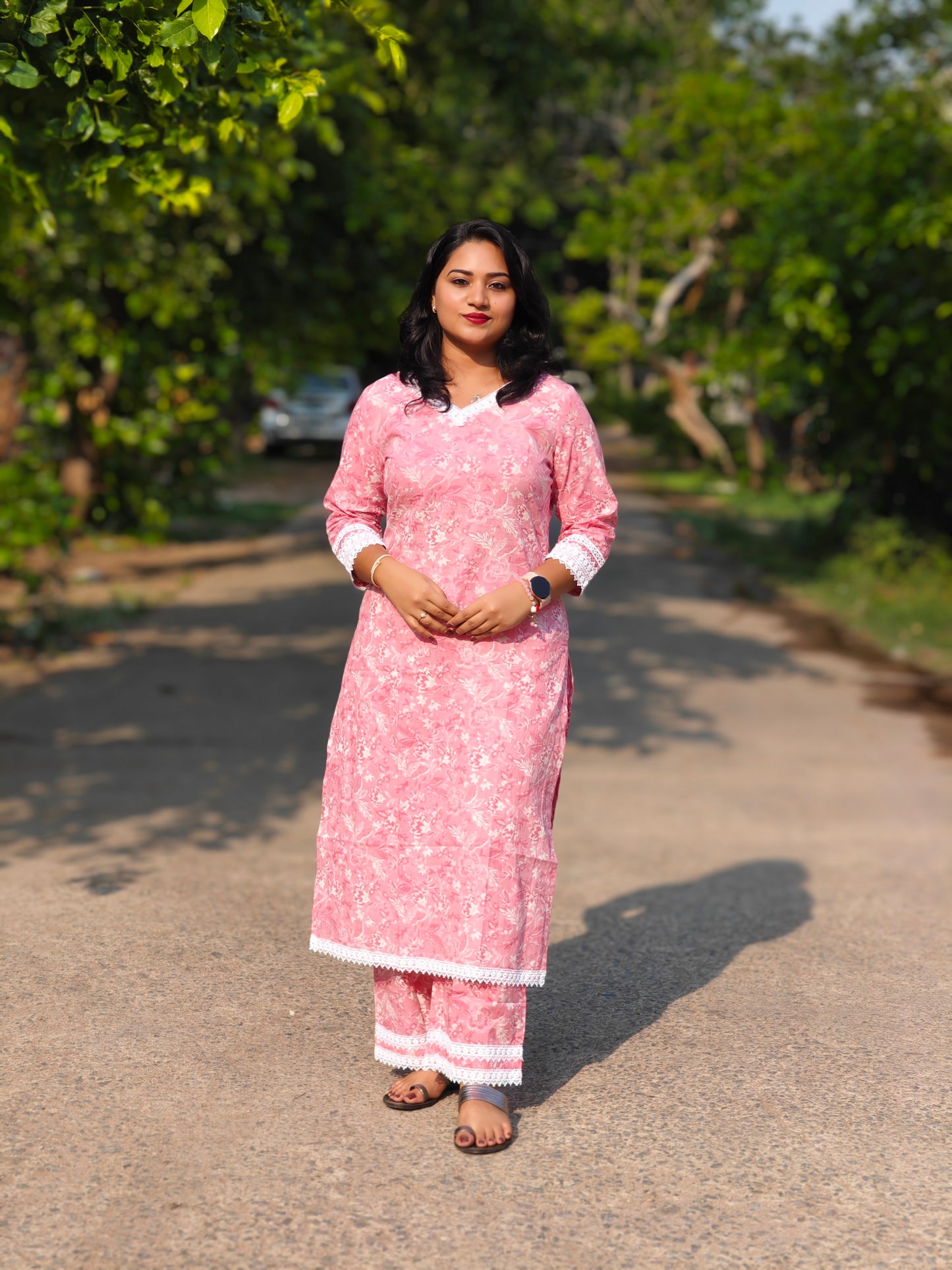 Pink Cotton Floral Print Kurta with Pant Set for Women – Regular Fit Daily Wear