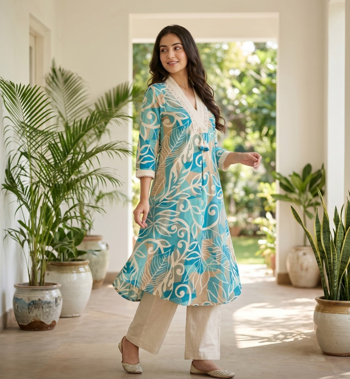 Printed Cotton Flex Kurta Pant Set for Women with Mirror Work, Lace Detail and V-Neck A-Line Kurta