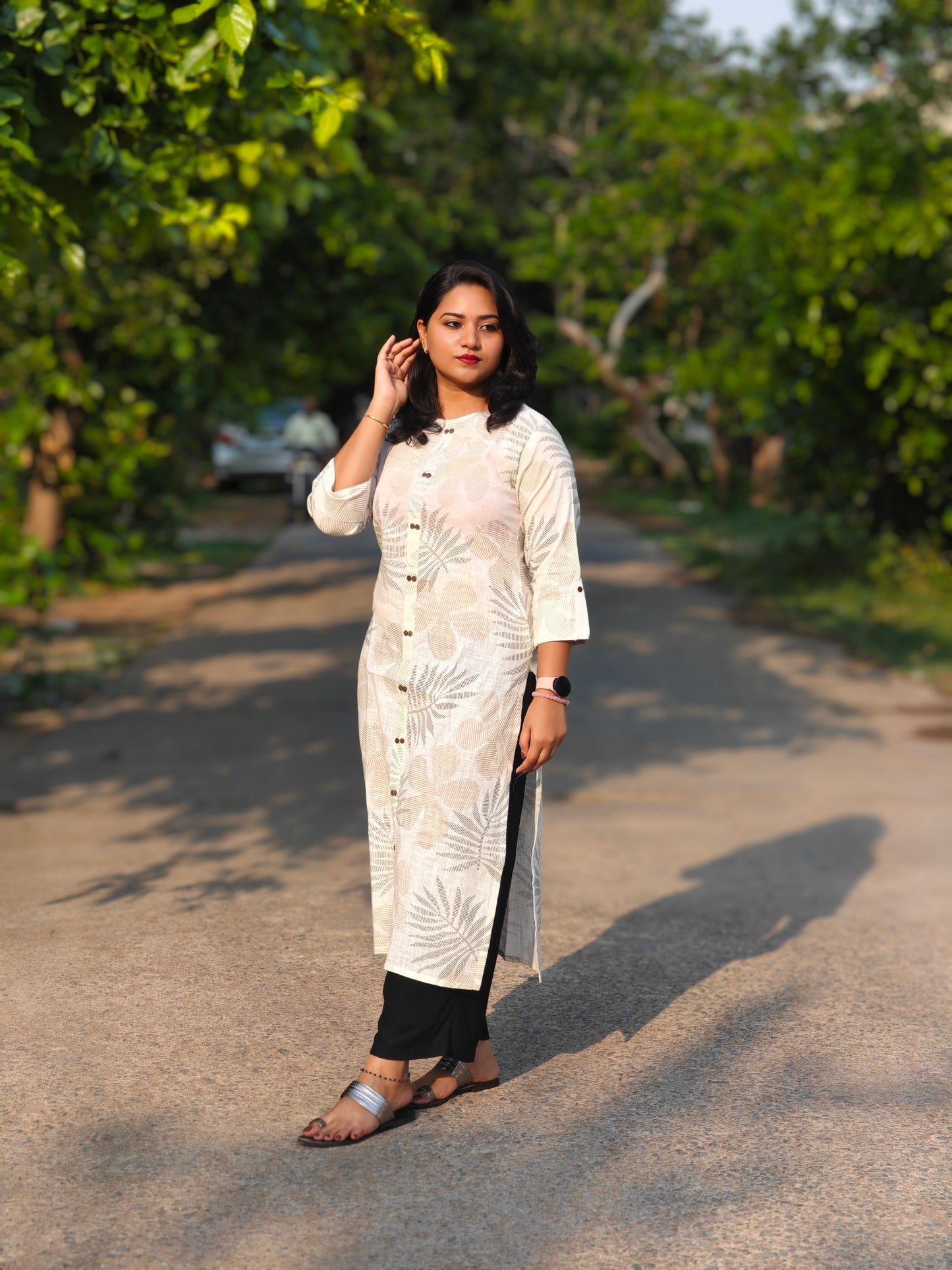 Off White Cotton Foil Printed Straight Kurta for Women with Button Front – S to 3XL