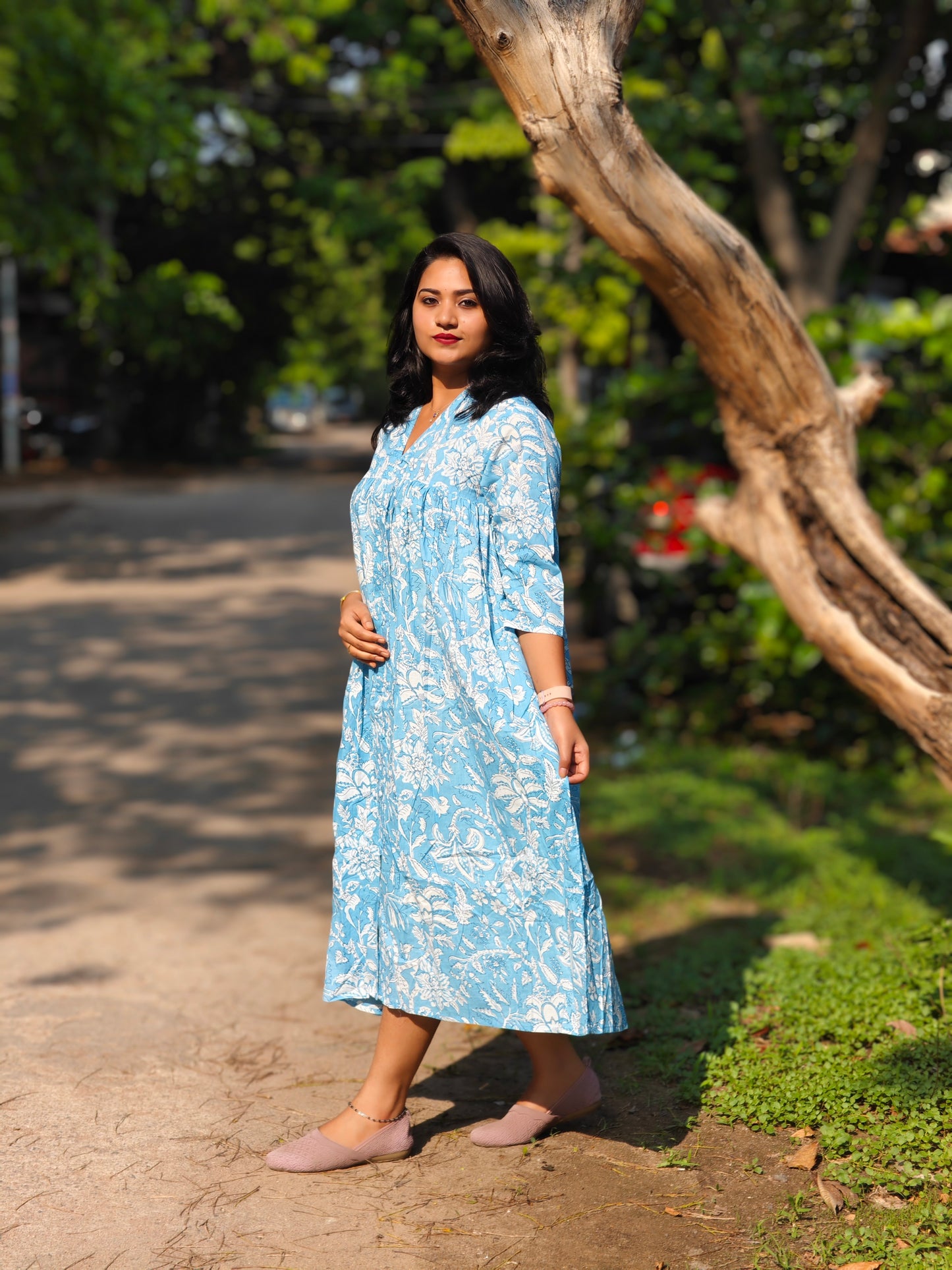Sky Blue Cotton Floral Printed Flared Dress for Women with V-Neck – L to 2XL