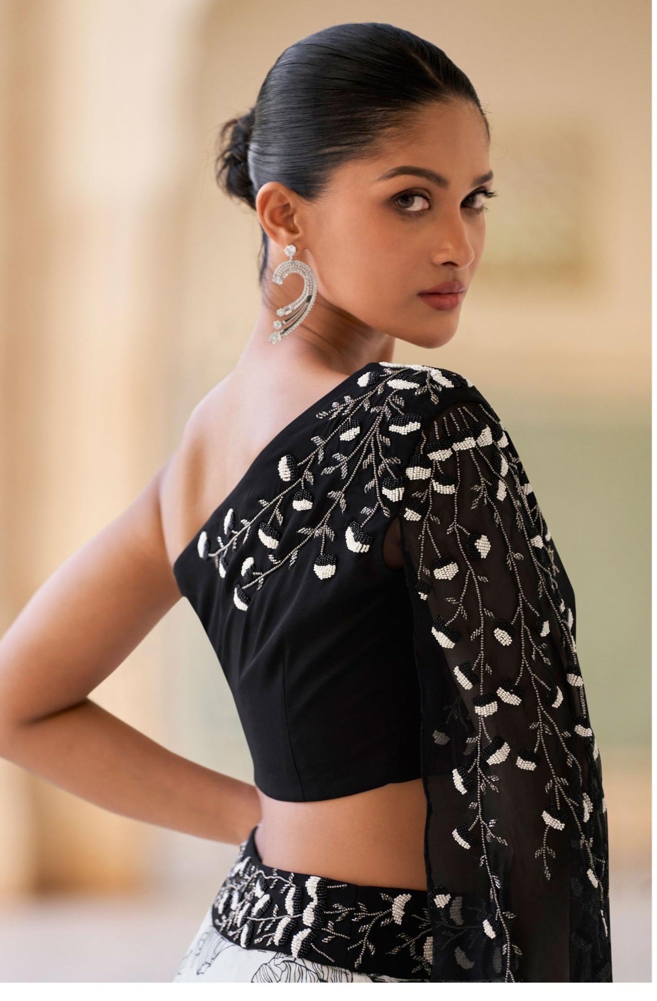 Real chinon embroidered crop top lehenga set for women with cancan – black & white floral pattern