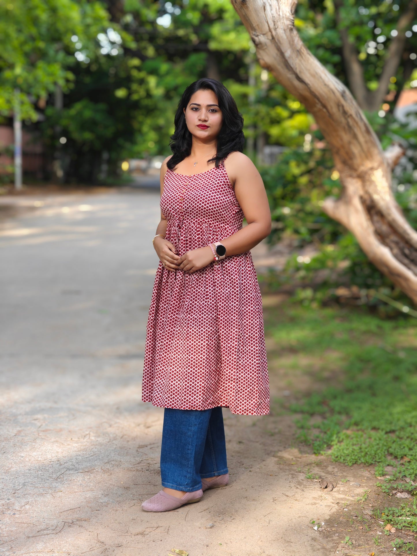 Red Cotton Geometric Print Flared Western Dress for Women – Sizes M to 2XL