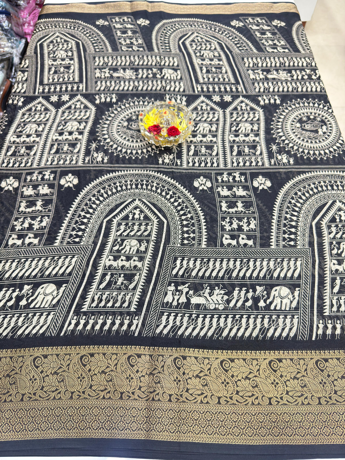 Silk Blend Saree for Women with Temple and Folk Motif Border Traditional Design