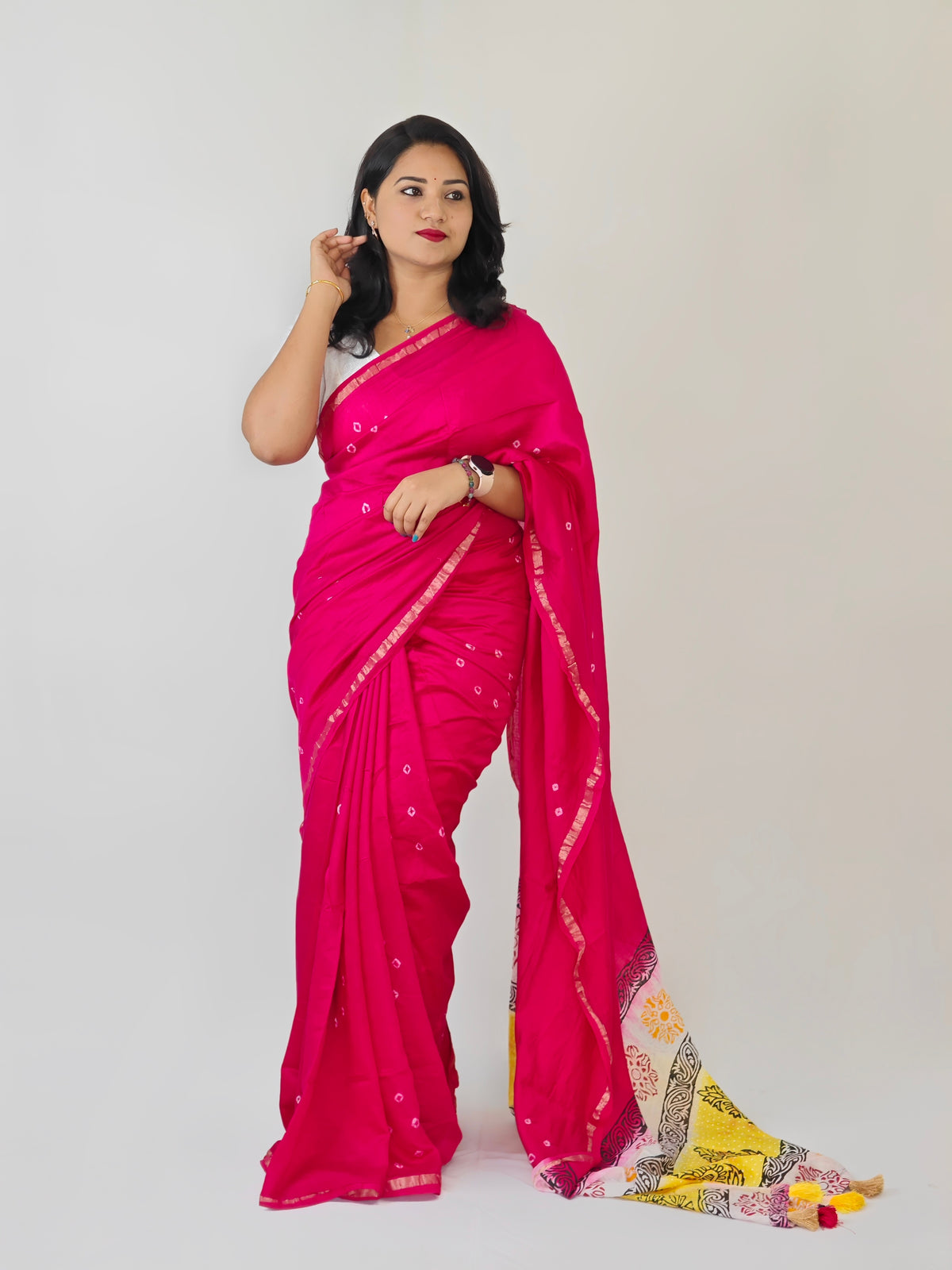 Chanderi Cotton Saree with Hand-Tied Bandhani and Block Printed Pallu – Festive Wear for Women