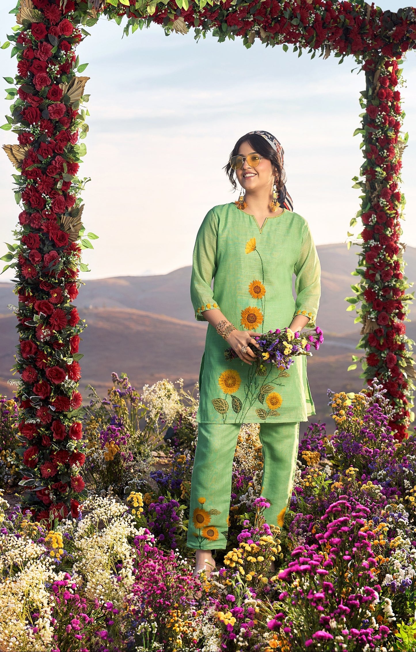 Linen Pure co ord set for women with cotton lining and knot work detailing, top and pant set L to 2XL