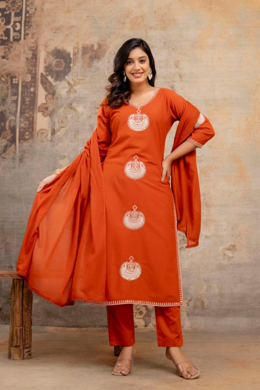 Women’s cotton 60x60 kurta pant dupatta set rust orange, motif detailing, v neck, sizes M-3XL