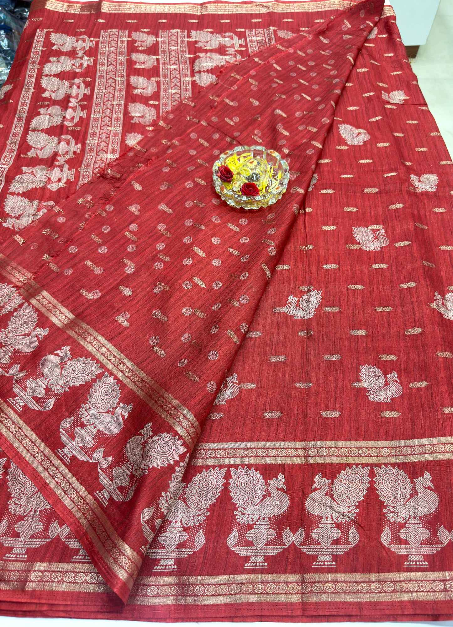 Silk Blend Saree for Women with Elephant Motifs and Traditional Woven Border
