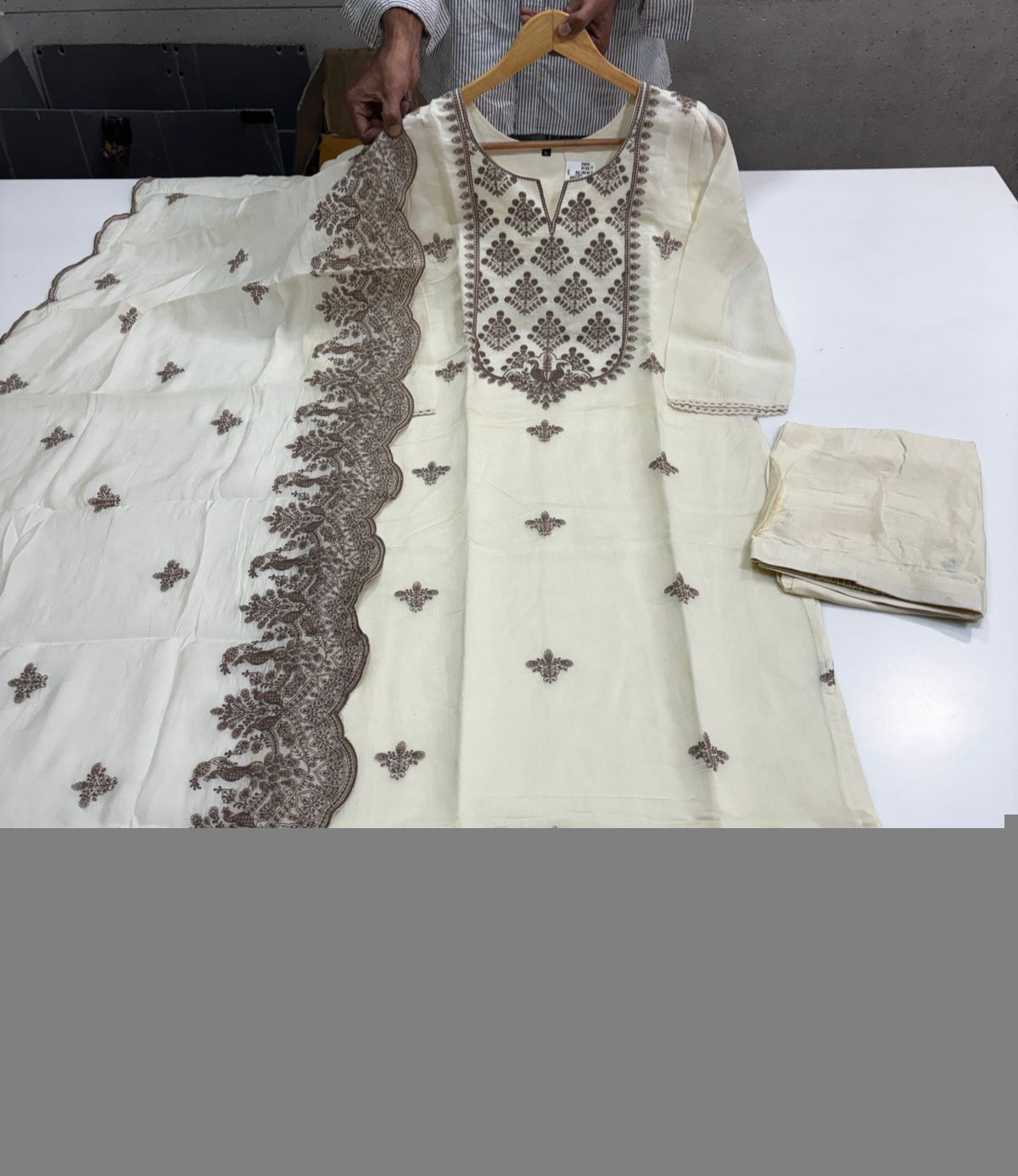 Mul Chanderi Kurta Pant Dupatta Set for Women with Embroidered Detailing, Straight Fit, 3 Piece