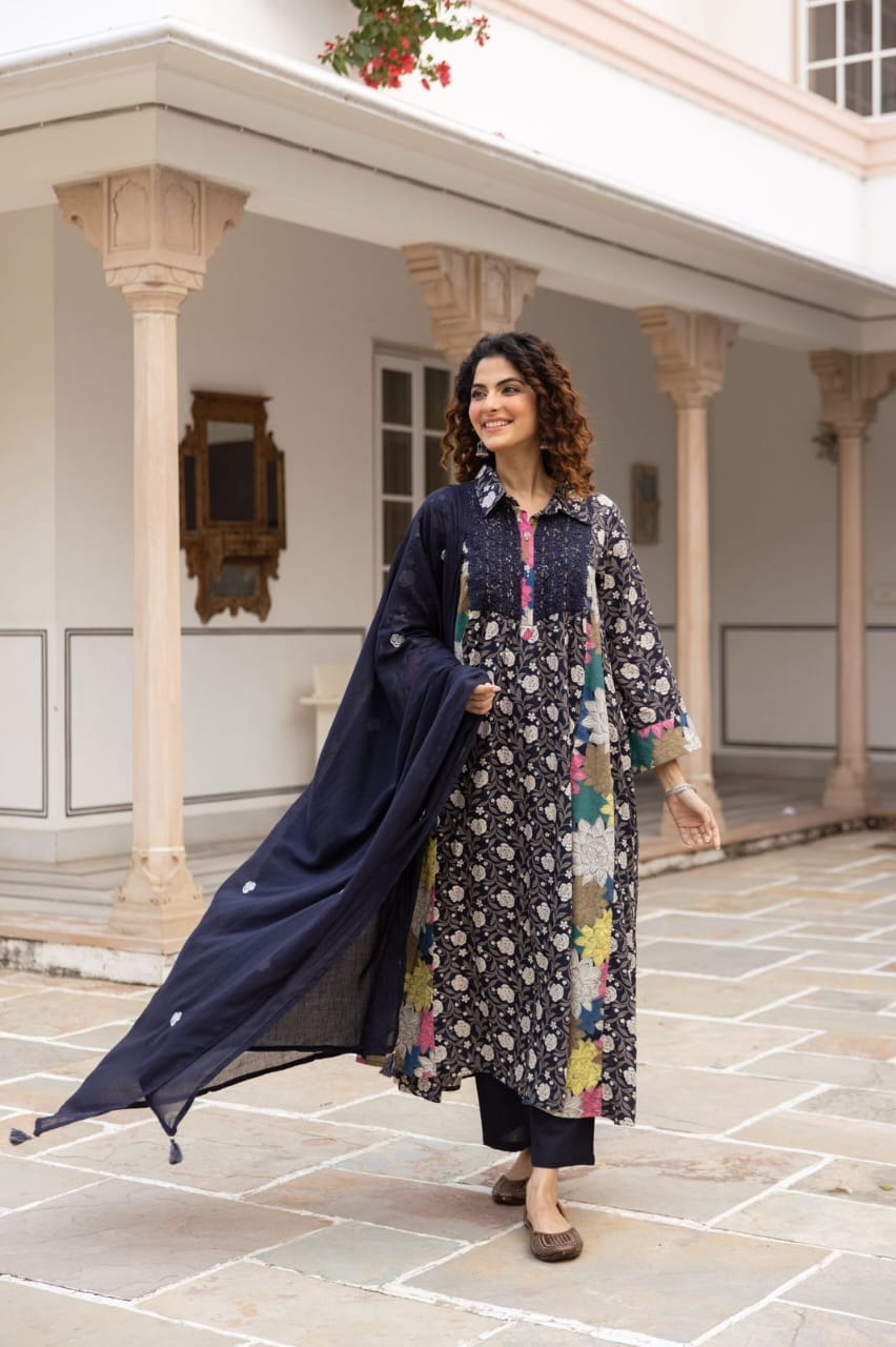 Cotton Printed Kurta Set for Women with Floral Panels and Dupatta