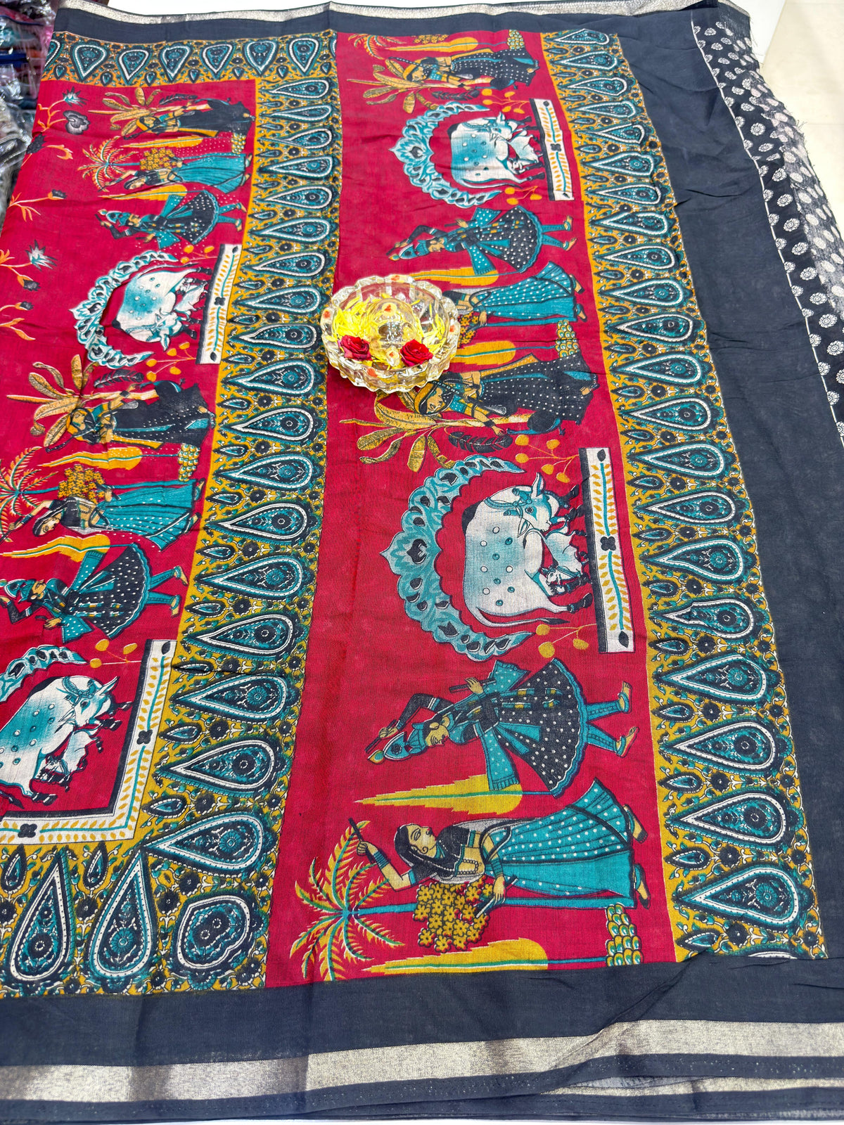 Kalamkari Printed Silk Blend Saree for Women with Artistic Border and Traditional Ethnic Design