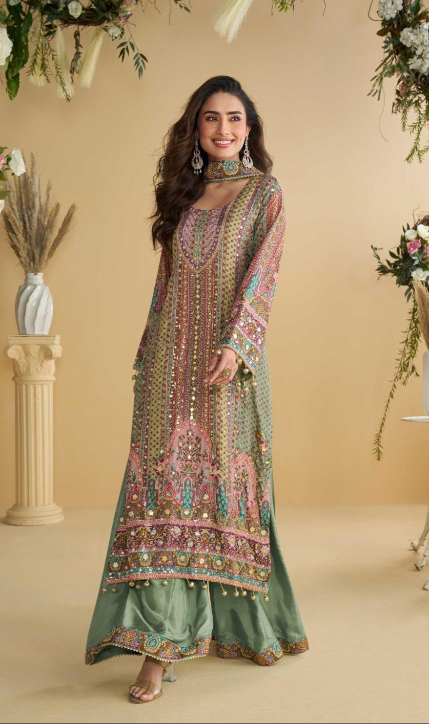 Natural Crepe Silk Kurti Plazzo Dupatta Set with Hand Aari and Gota Patti Work