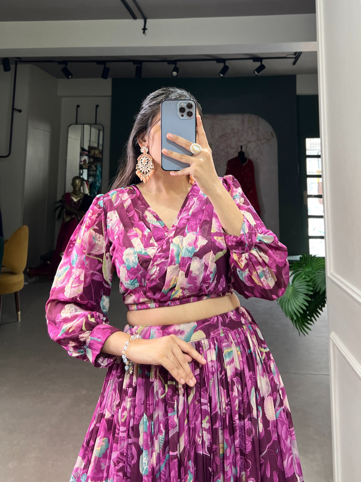 Georgette Chex Floral Print Co-ord Set with Lehenga and Blouse for Women – Stitched