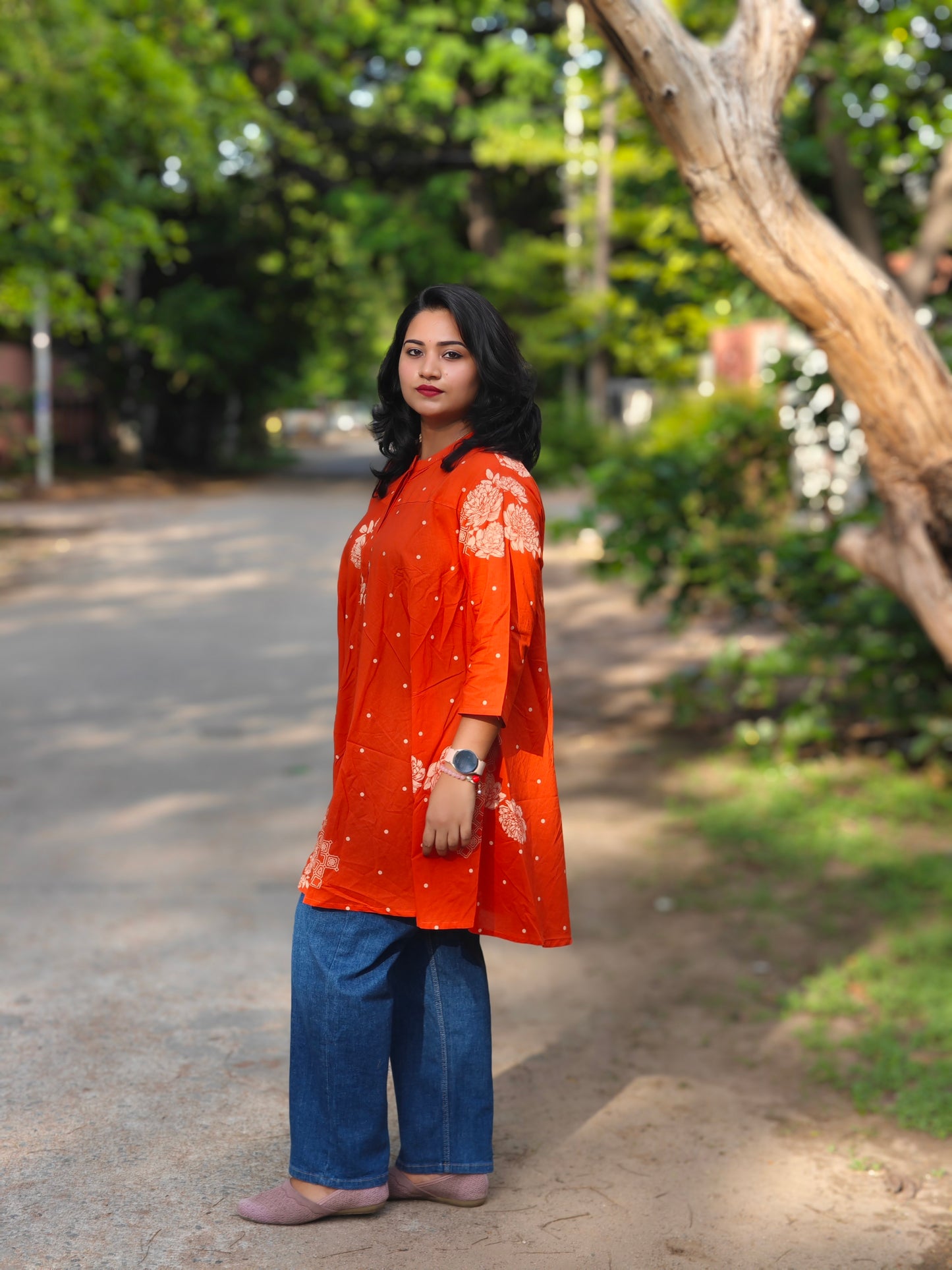 Orange Cotton Floral Printed Flared Tunic for Women – Sizes S to XL