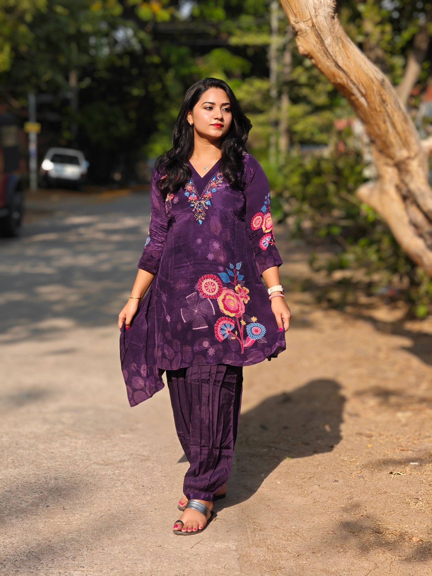 Viscose co-ord set for women with floral print and embroidery – fully stitched festive ethnic outfit