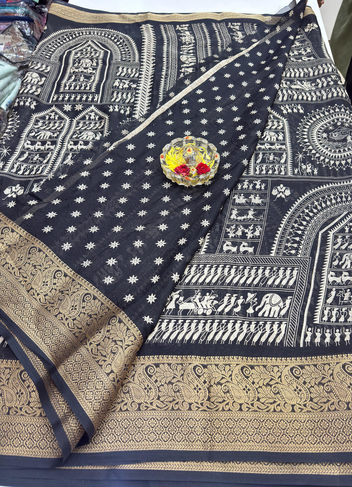 Silk Blend Saree for Women with Temple and Folk Motif Border Traditional Design