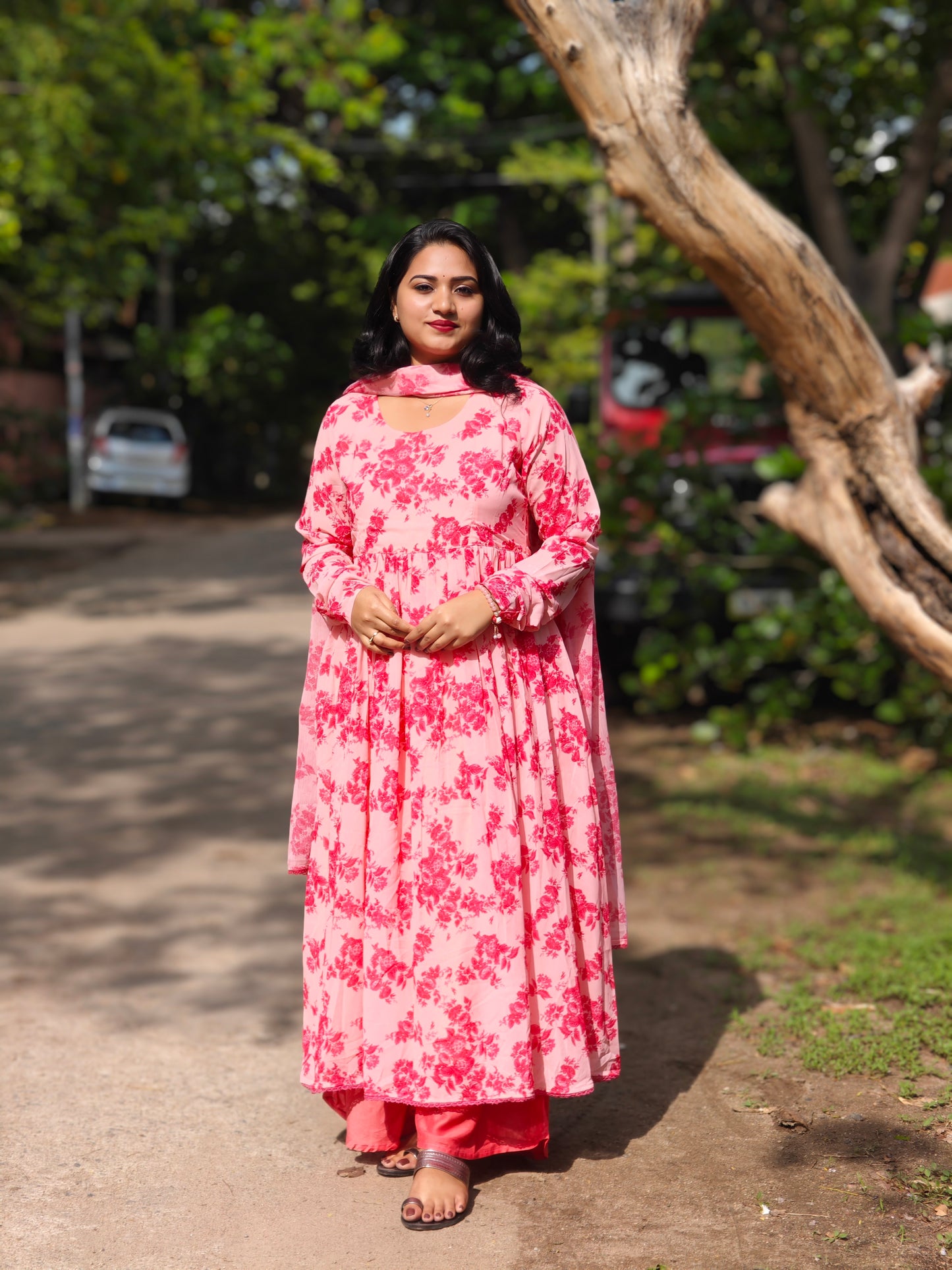 Floral Printed Georgette Kurta with Lace Hem, Flared Palazzo & Chiffon Dupatta