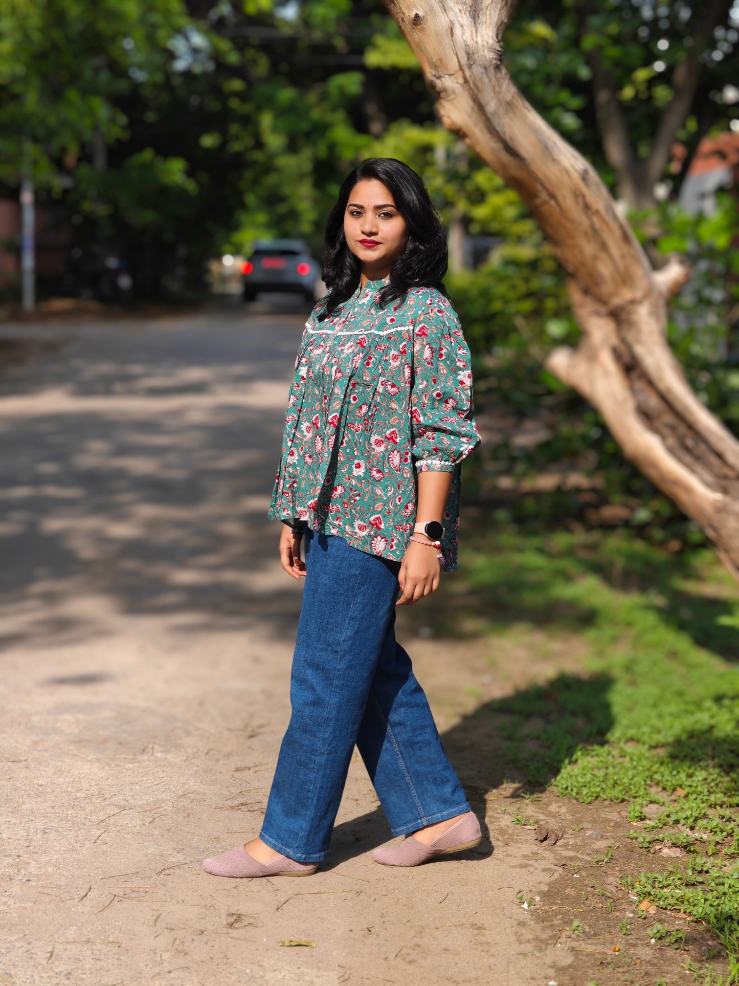 Green Cotton Botanical Print Empire Top for Women – Sizes S to 3XL