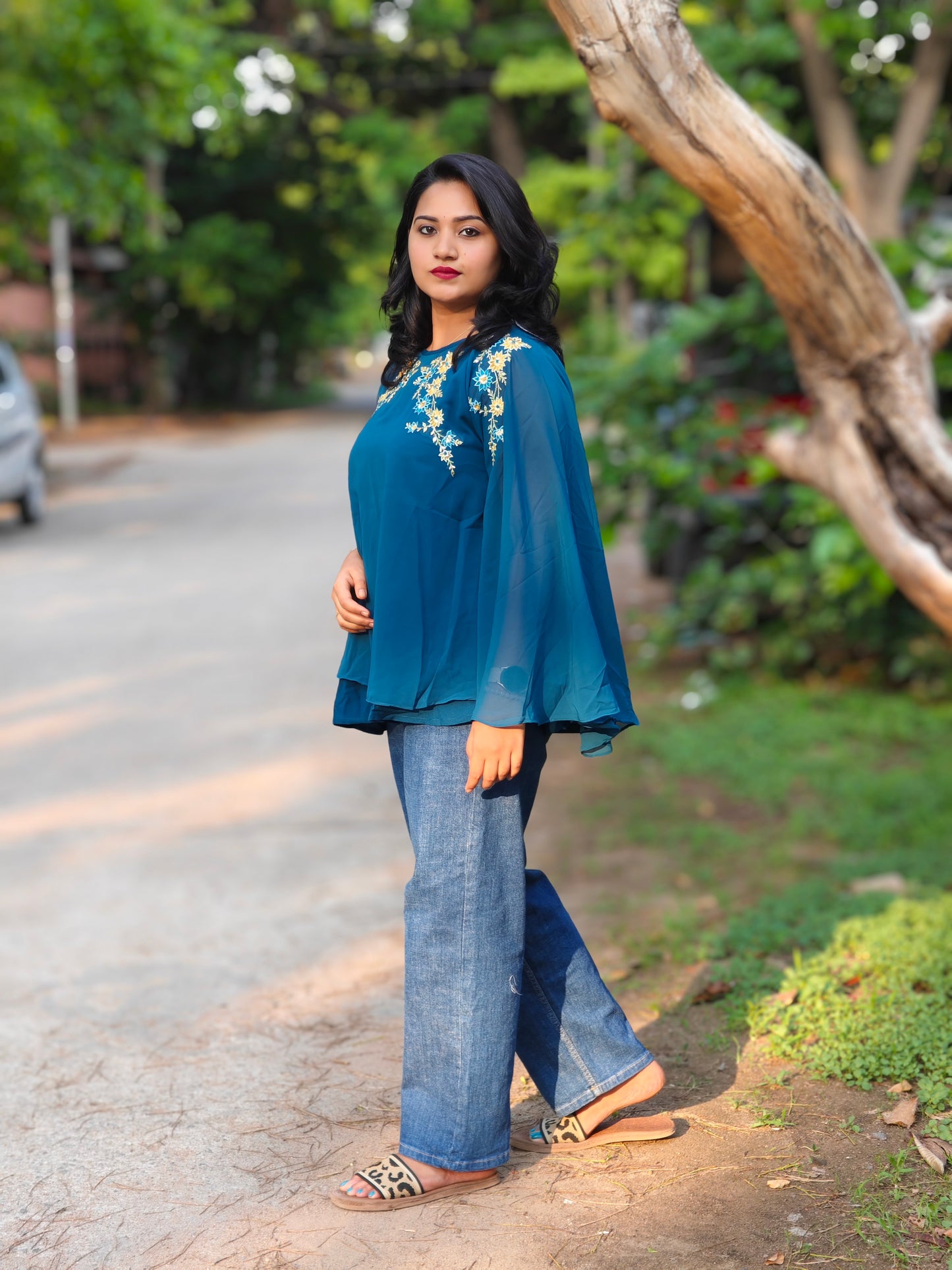 Teal Blue Georgette Embellished A-Line Top for Women – Floral Embroidery, Sizes S to 3XL