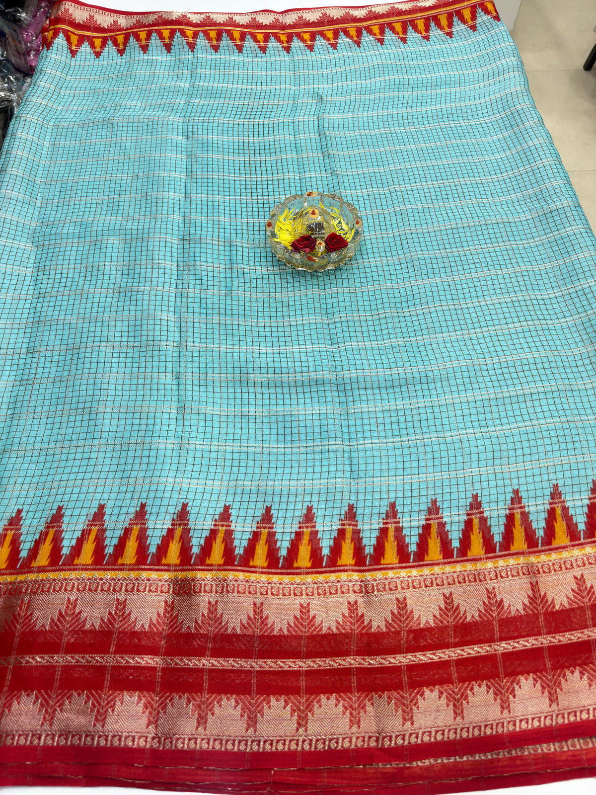 Silk Blend Saree for Women with Temple and Folk Motif Border Traditional Design